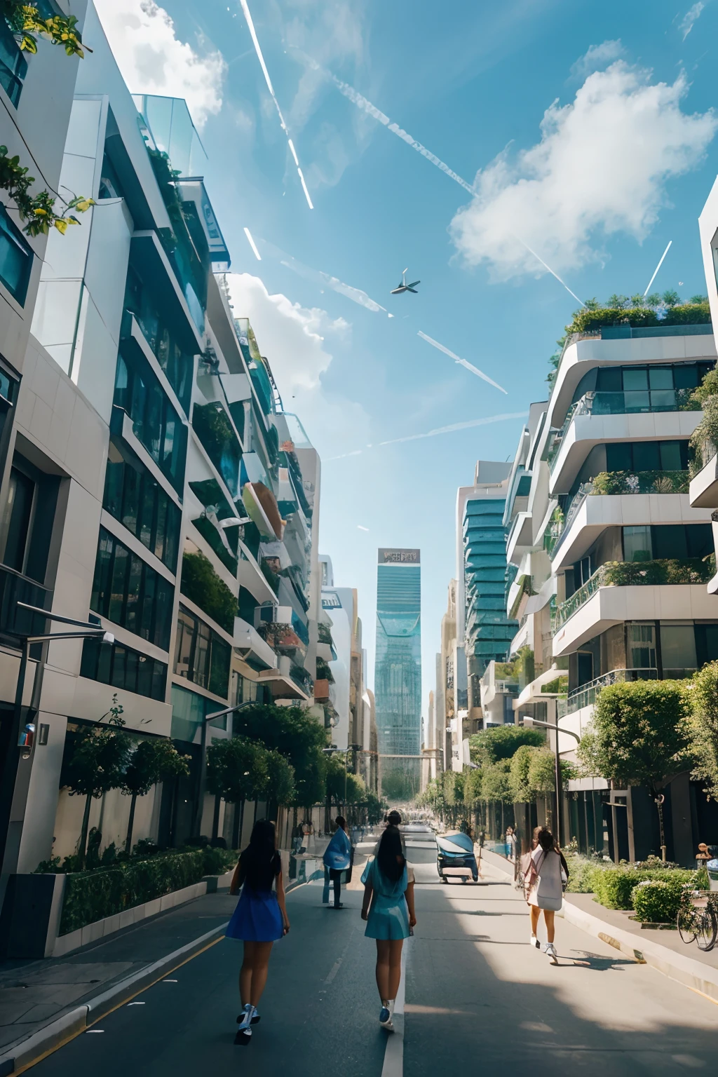A futuristic environment with gleaming glass buildings and bustling streets with floating electric vehicles. Gen Z youngsters take a leisurely stroll, usando roupas coloridas e modernas. The scenery conveys a sense of progress and balance with nature, with hanging gardens and solar panels surrounding it.