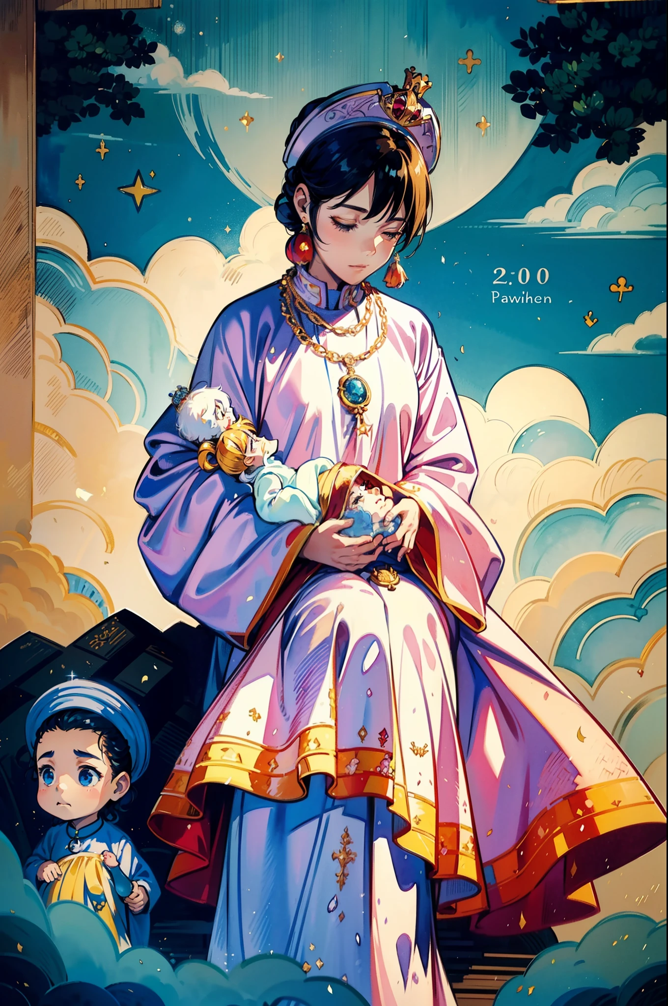 Water colour painting style, The beautiful 16-year-old queen holds a (baby prince:1.5) wearing shavings in her arms, Walking, Straight eyes, radiating a brilliant aura, Rosary handle, Crown Team, (Systemic: 2.0), Stand in the cloud, our lady, (full body: 2.0)