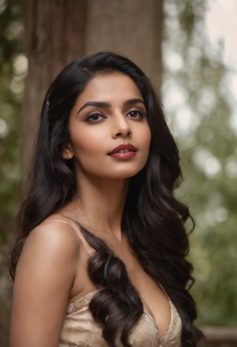 panoramic long shot of a beautiful south indian girl, dynamic pose, old classic , wavy black hair, 50s nude pin up style, intricate, detailed, DSLR camera , 8K UHD, deep blacks, post processing, nubian nose, protruding teeth, naked, fully naked, full body pictures