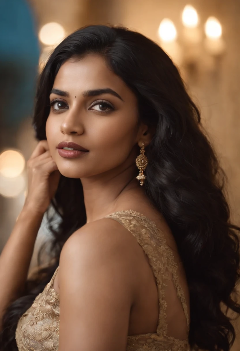 panoramic long shot of a beautiful south indian girl, dynamic pose, old classic , wavy black hair, 50s  pin up style, intricate, detailed, DSLR camera , 8K UHD, deep blacks, post processing, nubian nose, protruding teeth, , fully , full body pictures