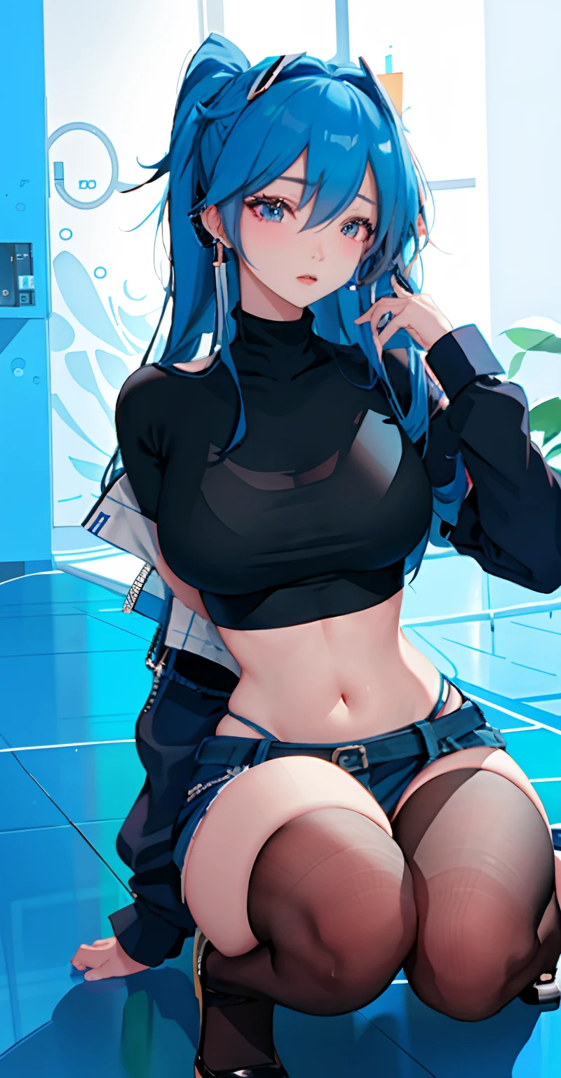 anime girl with blue hair and black top sitting on the floor, seductive anime girl, 2 d anime style, ecchi anime style, beautiful blue haired girl, anime girl, attractive anime girl, anime girls, beautiful alluring anime teen, ecchi style, anime style 4 k, (anime girl), with blue hair, short blue haired woman, girl with blue hair