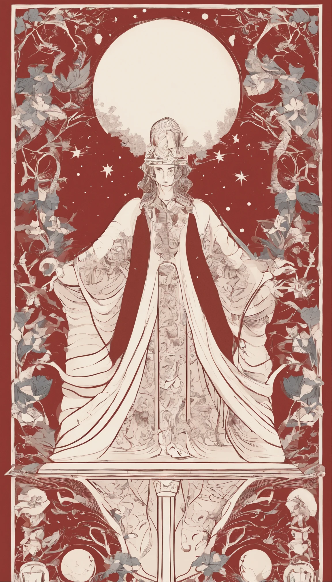 A magician stands with one arm stretched upwards towards the Universe, and the other pointing down to the earth. The Magician’s robe is white, and his cloak is red. On a table in front of him are a cup, pentacle, sword and wand. Above his head is the infinity symbol, and around his waist is a snake biting its own tail. in the foreground is an array of foliage and flowers,