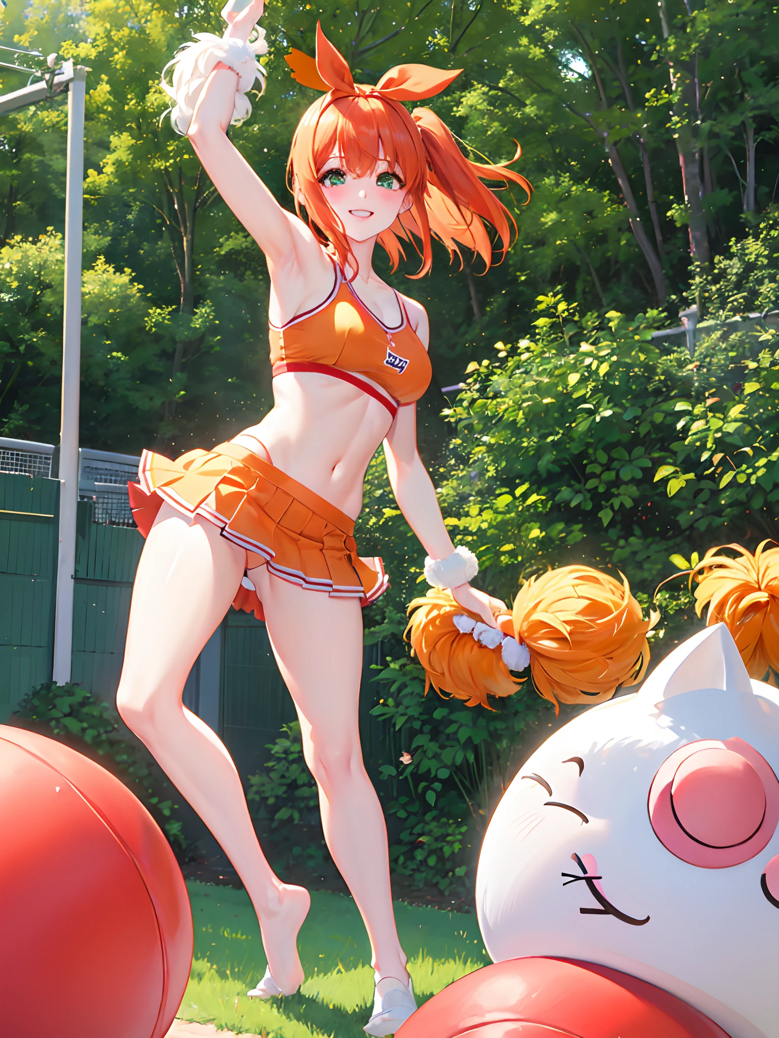 Medium tits、a navel、a miniskirt、Red Buruma、Raw feet、armpit、Beautiful thighs、is standing、outside of house、sports ground、red blush、A smile, cheerleaders、pompoms、Raising one leg、Orange medium hair、Green Ribbon, panties, upskirt