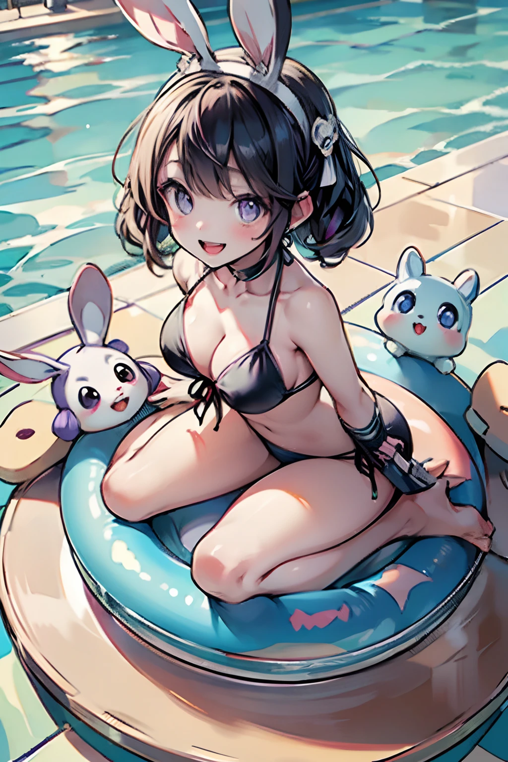 1 rabbit girl、from behind、kawaii、full body Esbian、Baby face、big eye、kawaii eyes、a purple eye、teak、Smile with open mouth、The bikini、huge-breasted, cleavage of the breast、top-quality、Watercolor style、in poolside、