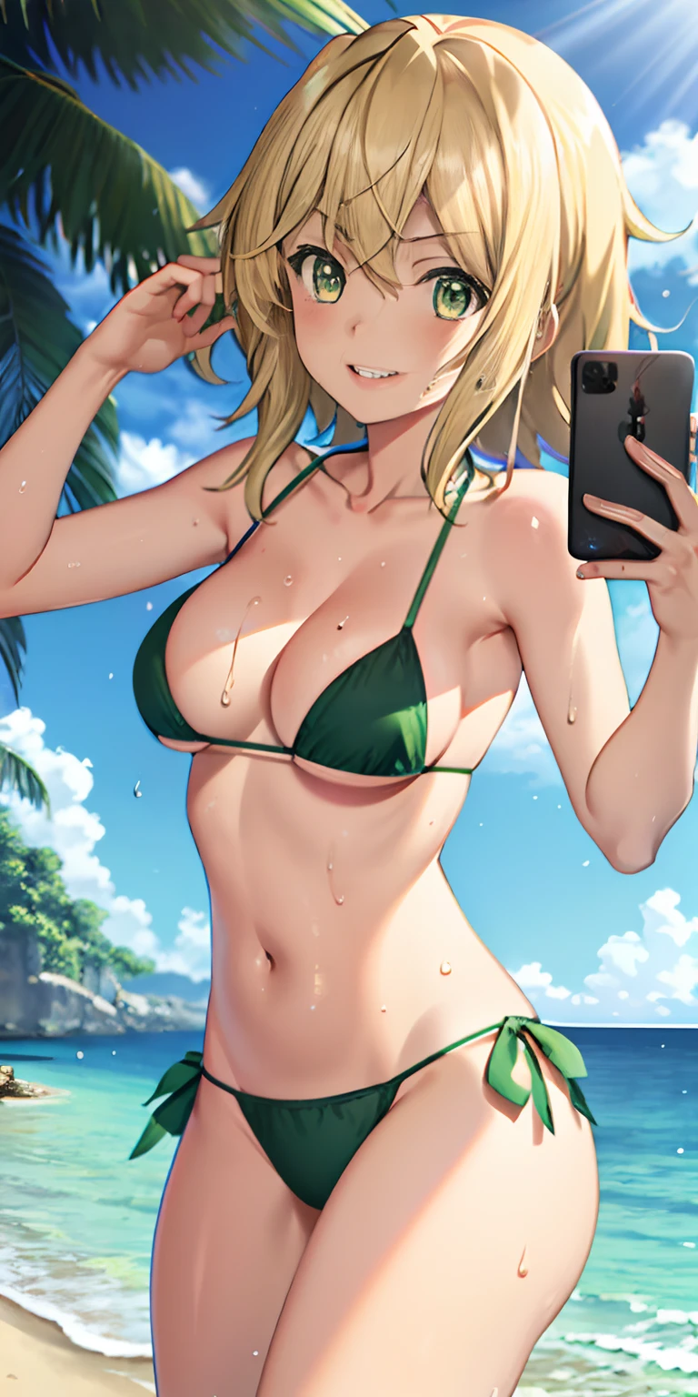 realistic, selfie, 1girl, kirika akatsuki, blonde hair, green eyes, parted lips, blush, makeup, light smile, bikini, beach, sweat, wet, light rays, glow, thighs, collarbone, narrow waist, (masterpiece), wallpaper,