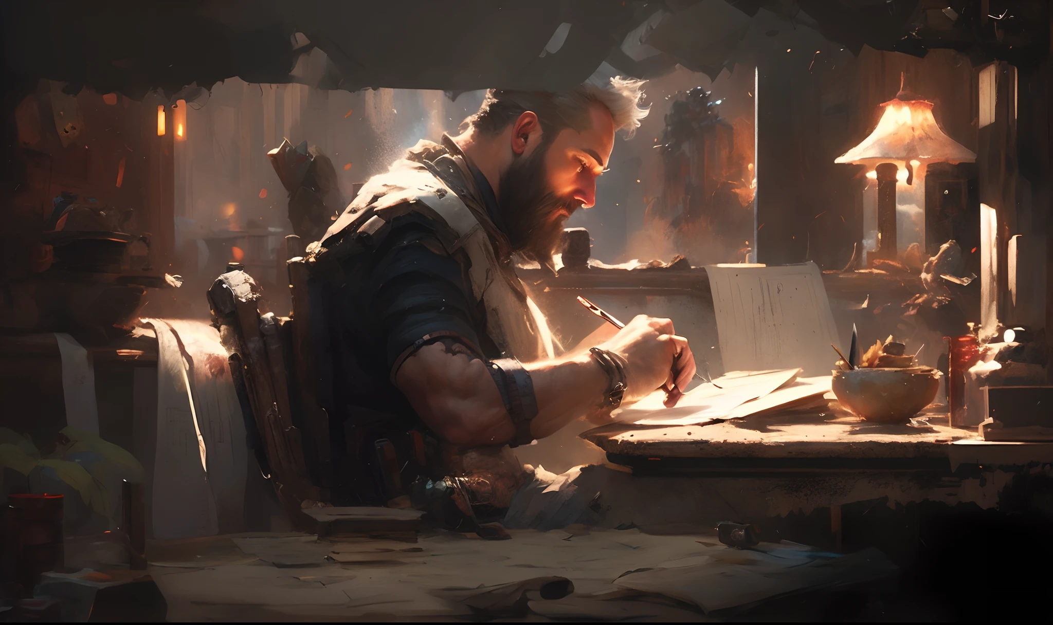 arafed man sitting at a desk writing on a piece of paper, by Daniel Ljunggren, by Aleksander Gine, wojtek fus, craig mullins style, craig mullins dappled lighting, inspired by Jules Chéret, silvain sarrailh, character painting, tuomas korpi and wlop, james gurney painting style, senior concept artist