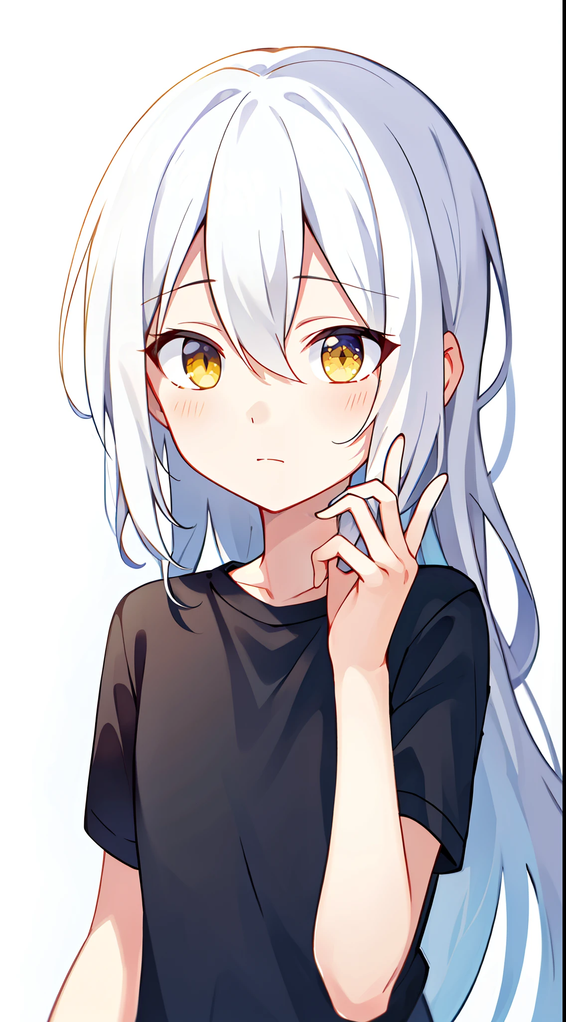 (high-quality, breathtaking),(expressive eyes, perfect face), 1girl, girl, solo, short, young girl, long hair, white hair, yellow eyes, shy, black t-shirt, white background , focus to camera ,
