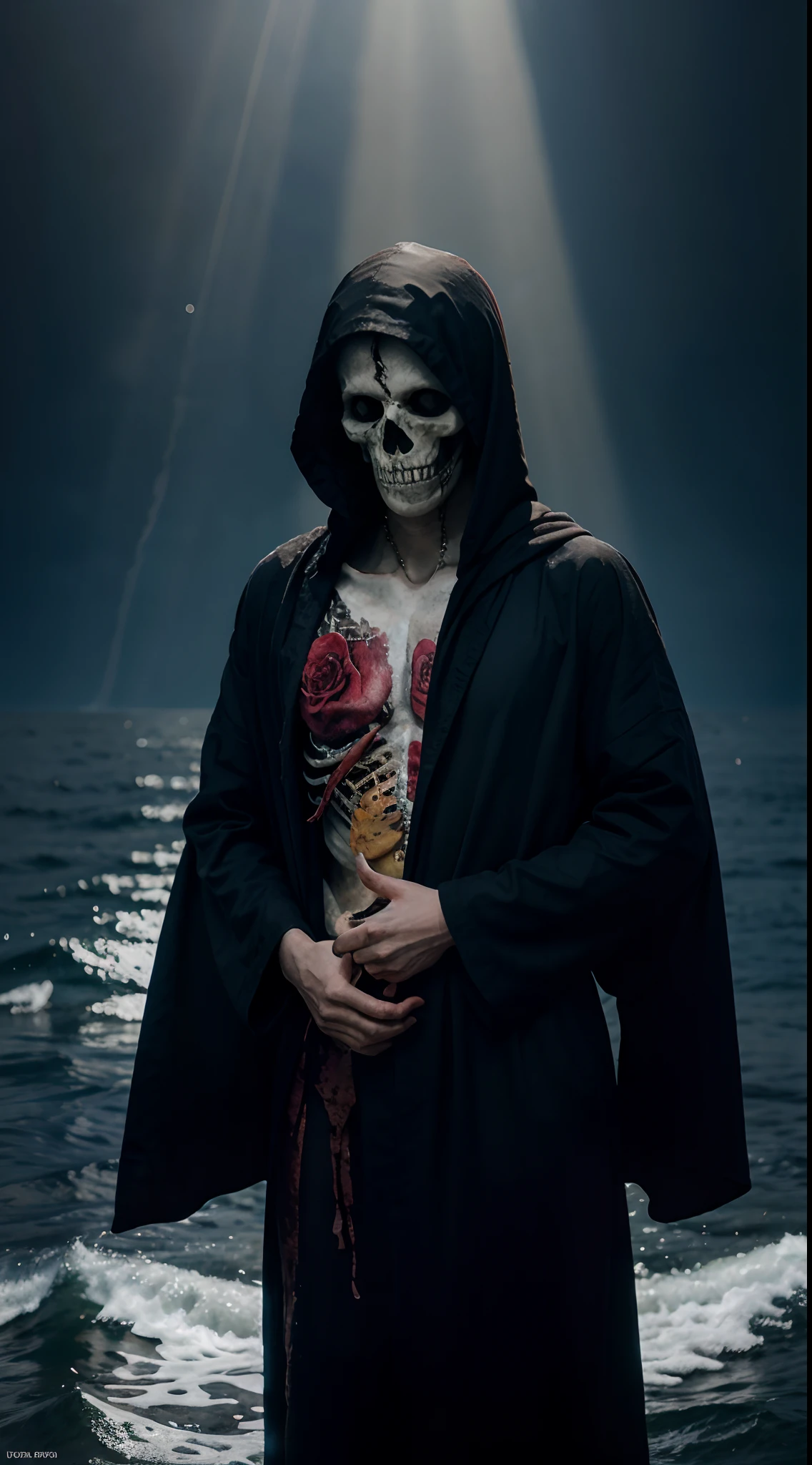 robed figure, skeleton, mystical, dark, black robe, blood red rose, strong contrast, darkness, bright rays of light behind, the sea in the background, watercolor effect, lwatercolor, painting, masterpiece, best quality, ultra-detailed, intricate details, depth of fie