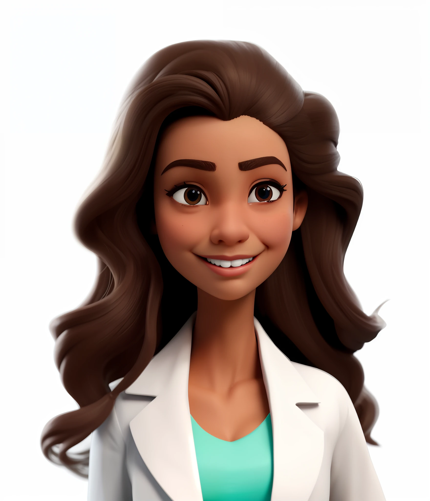 um close up de uma mulher de desenho animado com cabelo longo e um casaco branco, vestindo jaleco e blusa, medic, (medic), foto de retrato, maia, Ela tem pele marrom oliva, render de mirabel madrigal, personagem de desenho animado, foxish guy in a lab coat, Directed by: Lena Alexander, scientist, disney render, usando jaleco, com jaleco