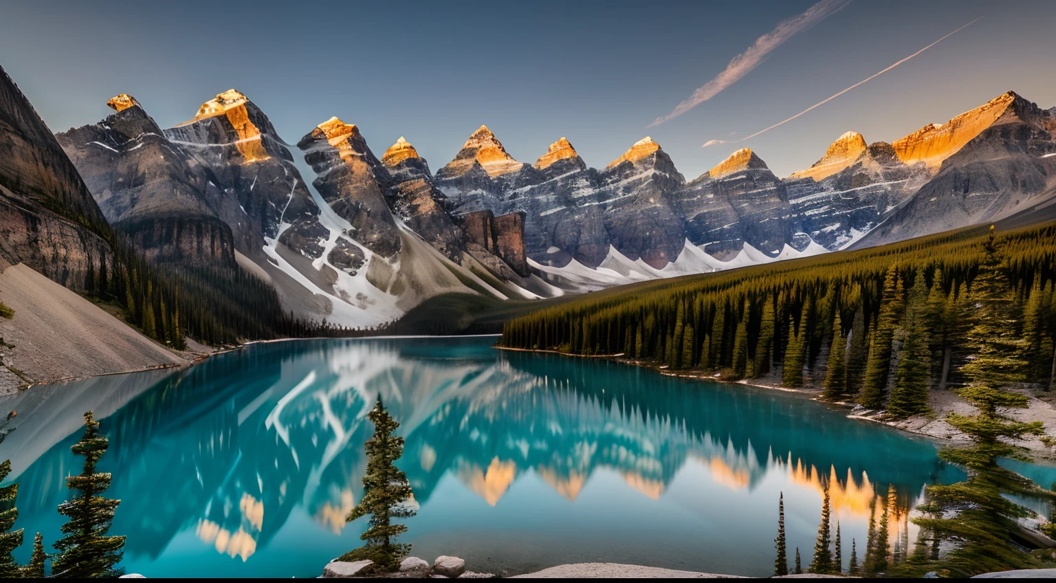 Landscape view of Moraine lake and mountain range at sunset in Rocky Mountains, Canada, breathtaking, stunning view, inspired by the style of Ken Duncan well known as the pioneer of landscape, in making use of dodging and burning to edit a landscape image
