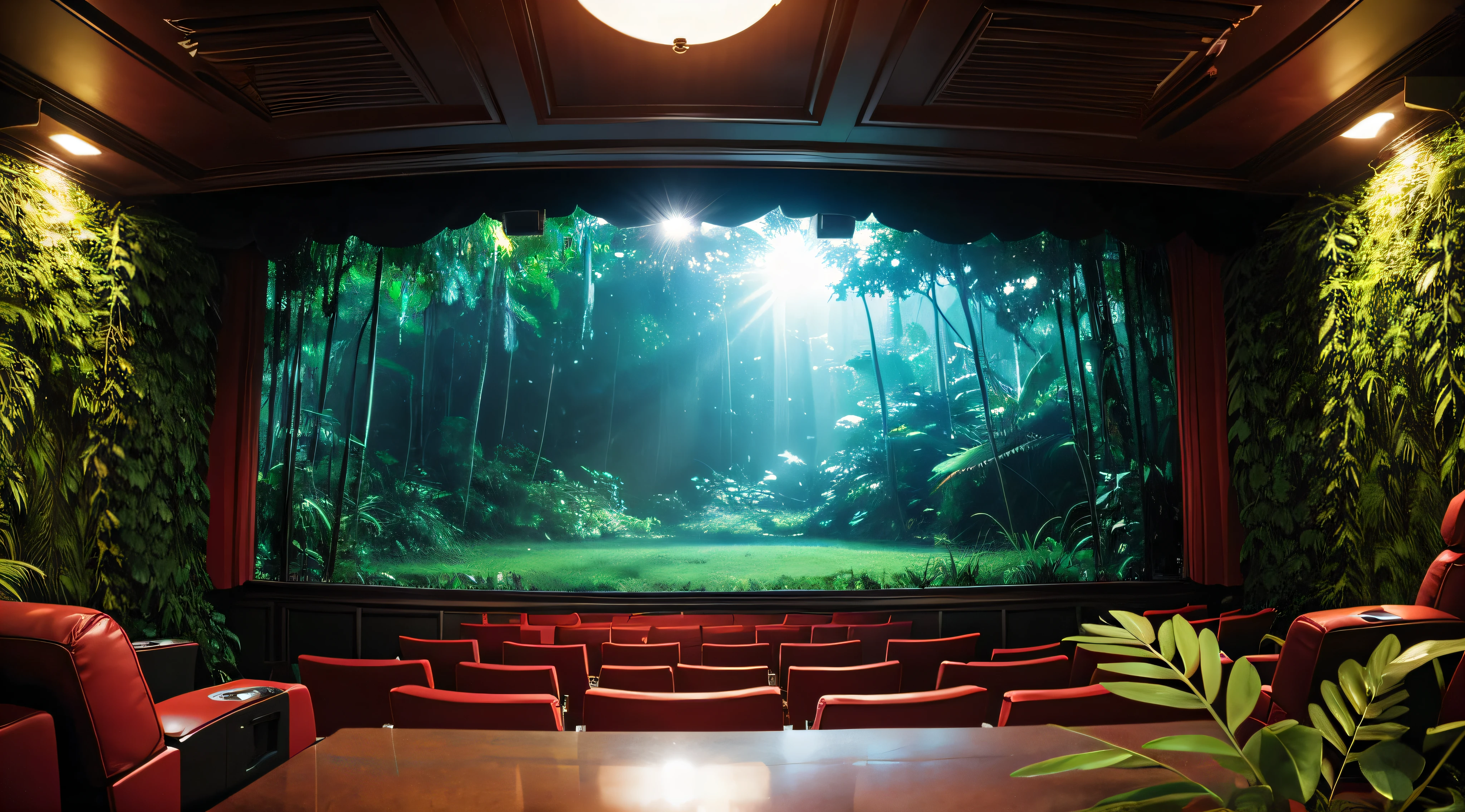 Create a traditional movie theater with empty seats filled with weeds like a dense jungle, showing the viewer's point of view when watching the film
