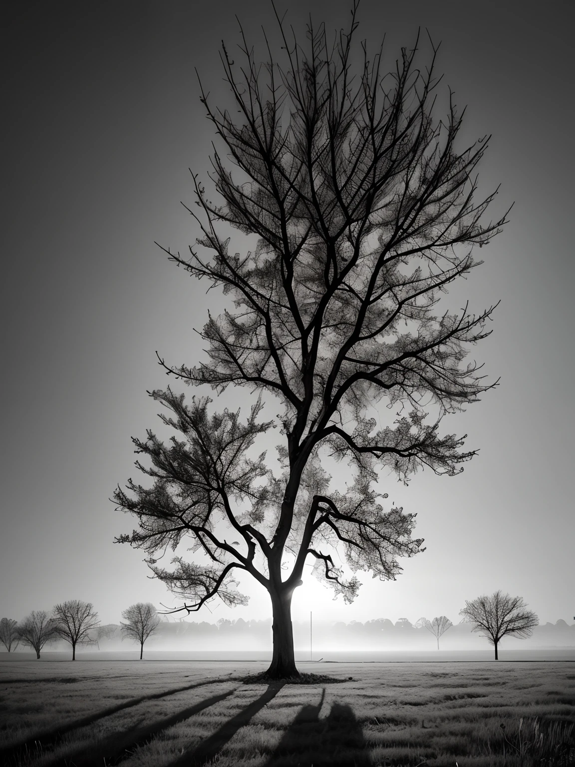 old apple tree with bare branches and a few withered apples,with shadow on the ground,on [black and white background with dark sky and empty fields, with light fog, black and white photography. Fotorealistic