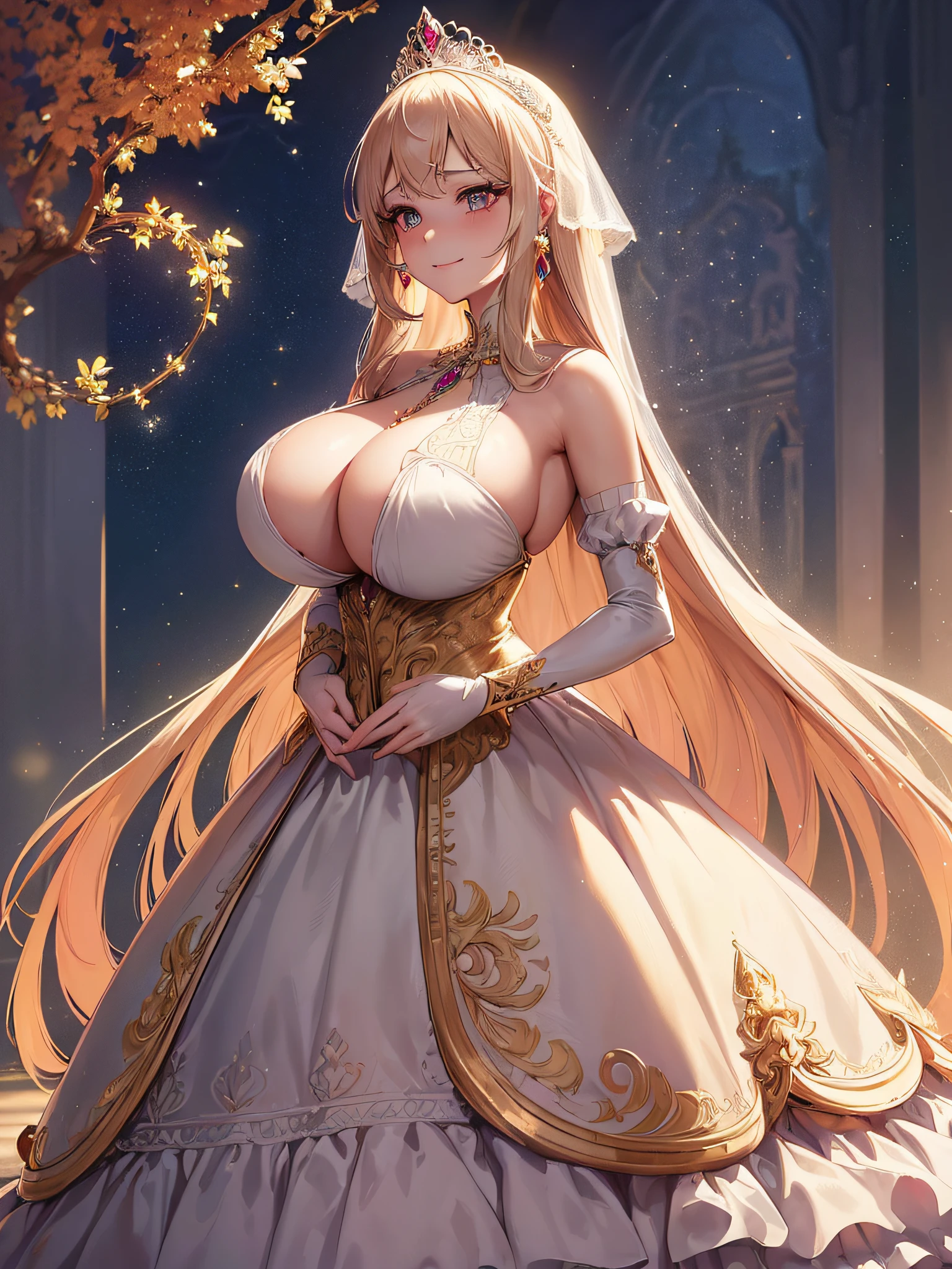 ((Anime Art Style)),(masutepiece),(Best Quality), (Super Detail),(Highly detailed CG Unity 8k wallpaper),((Very delicate and beautiful)),((Full body portrait)),((Stand in the garden)),((Solo)),(((One princess in gorgeous embroidery and jeweled very gorgeous princess ball gown with voluminous full-length hoop skirt ))),((Crinoline Hoop Skirt)),Long Train,((Gorgeous embroidery and jewelry)),voluminous ruffles,(((very very gigantic ,))),((Very long straight hair,Very voluminous straight long hair,Very long straight hair)),(finely detailed face and eyes),(( smile,embarrassed)),Beautiful eyes like jewels,Very gorgeous hair ornament,(A very gorgeous tiara adorned with bling-bling jewels),((Glitter Gorgeous Gemstone Jewelry)),Gorgeous Long Veil,(opera gloves),(Beautiful background),(Full body),((gorgeous embroidery and jeweled gorgeous princess ball gown with voluminous full-length hoop skirt)),