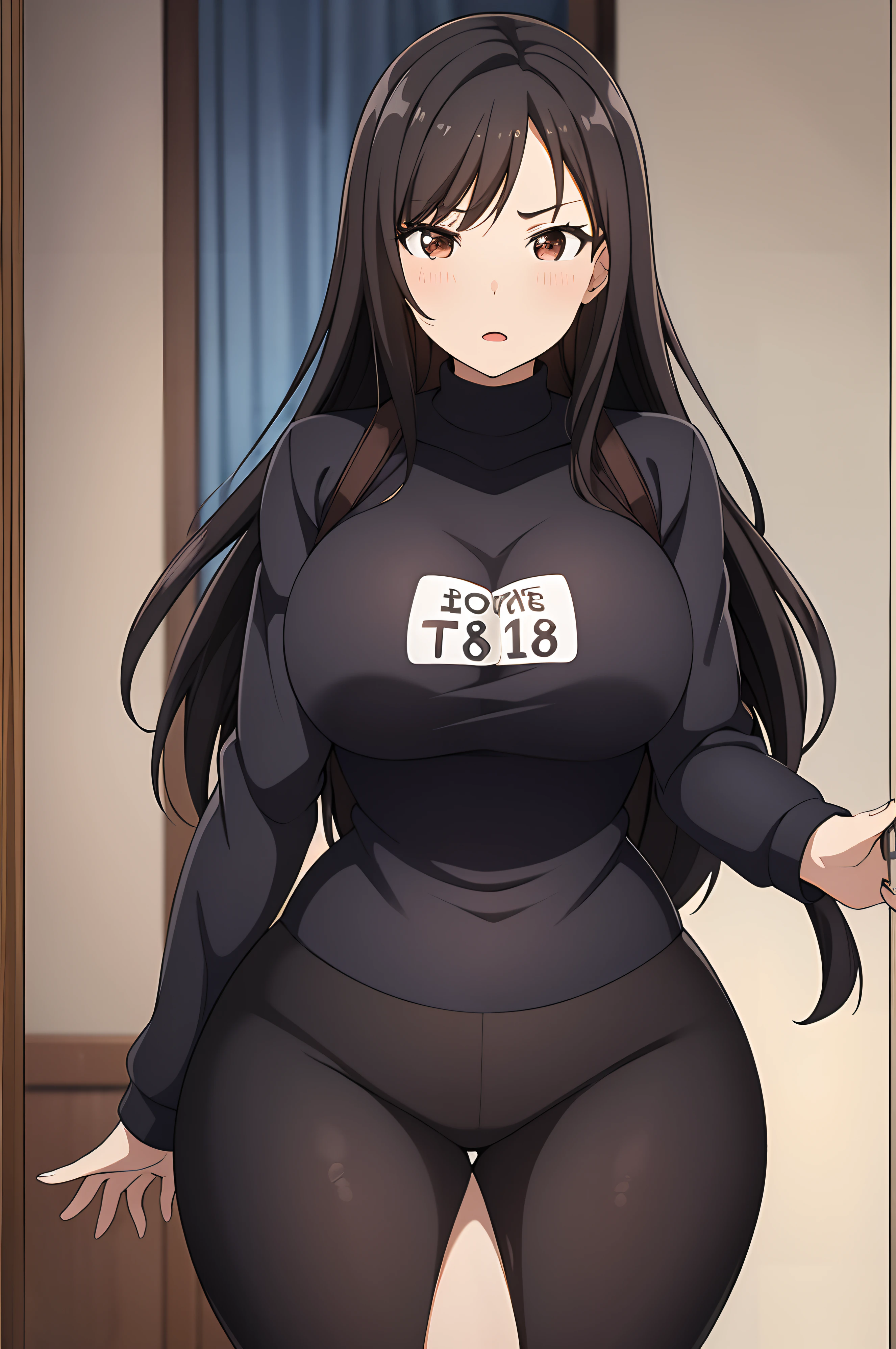 1girl, 18 years old, black hair, brown eyes, stunning facial features, sparkling brown eyes, DD-breasts, curvy hourglass figure with thick thighs and childbearing hips, large bubble butt, apartment room background,