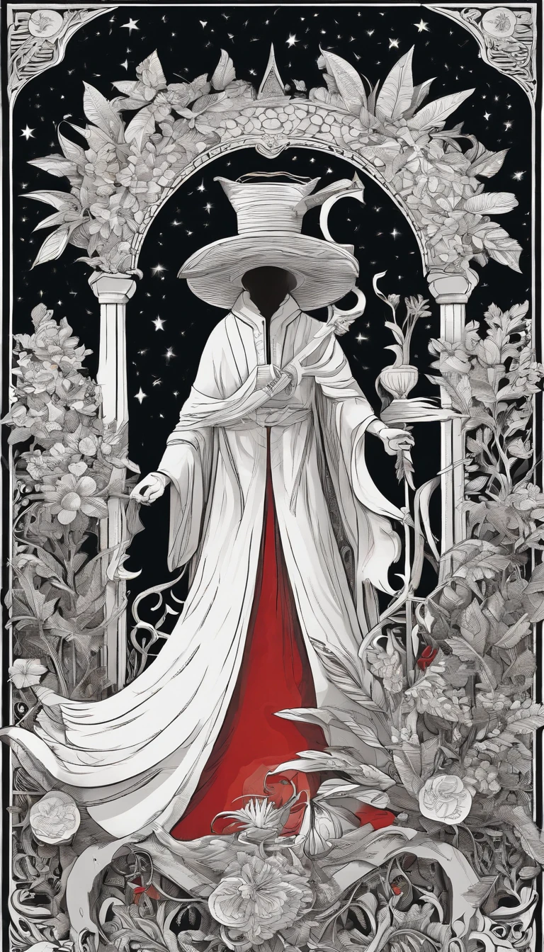 A magician stands with one arm stretched upwards towards the Universe, and the other pointing down to the earth. The Magician’s robe is white, and his cloak is red. On a table in front of him are a cup, pentacle, sword and wand. Above his head is the infinity symbol, and around his waist is a snake biting its own tail. in the foreground is an array of foliage and flowers,