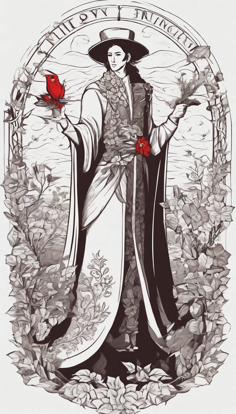 A magician stands with one arm stretched upwards towards the Universe, and the other pointing down to the earth. The Magician’s robe is white, and his cloak is red. On a table in front of him are a cup, pentacle, sword and wand. Above his head is the infinity symbol, and around his waist is a snake biting its own tail. in the foreground is an array of foliage and flowers,
