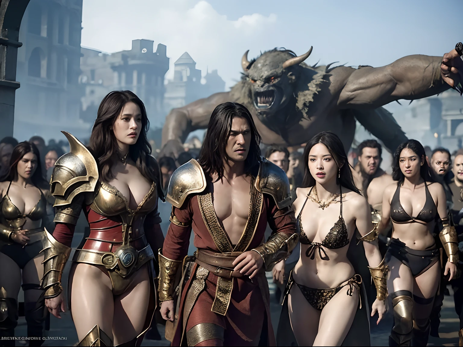 top-quality、masterpiece、超A high resolution、(Photorealsitic:1.4)、Raw photo、女の子1人、(heavy breasts)、glowy skin、(((detailed beautiful faces)))、With a beautiful sword and shield、(Gorgeous Silver Bikini Armor、(((Random hair))),(((Beautiful legs))),(Kobold、ogre、Fierce battle with orcs),(Colossal tits)、Seductive look、(Background of decaying dungeon ruins)、(Ultimate Beauty)、(Detailed and realistic beauty face)、(Fighting Demonic Beasts)、(Small LED)、((super realistic details))、portlate、(Strong giant demon beast background),globalillumination、Shadow、octan render、8K、ultrasharp、Colossal tits、Raw skin is exposed in cleavage、metals、Details of complex ornaments、Japan details、highly intricate detail、Realistic light、(Mystical expression),CGSoation Trends、Red Eyes、radiant eyes、Facing the camera)、Gundam、Small LED、Toostock、(Gold Micro Bikini)、(Attack of the Monster Beasts)、(Micro Bikini Armor)、Toostock、Toostock、
