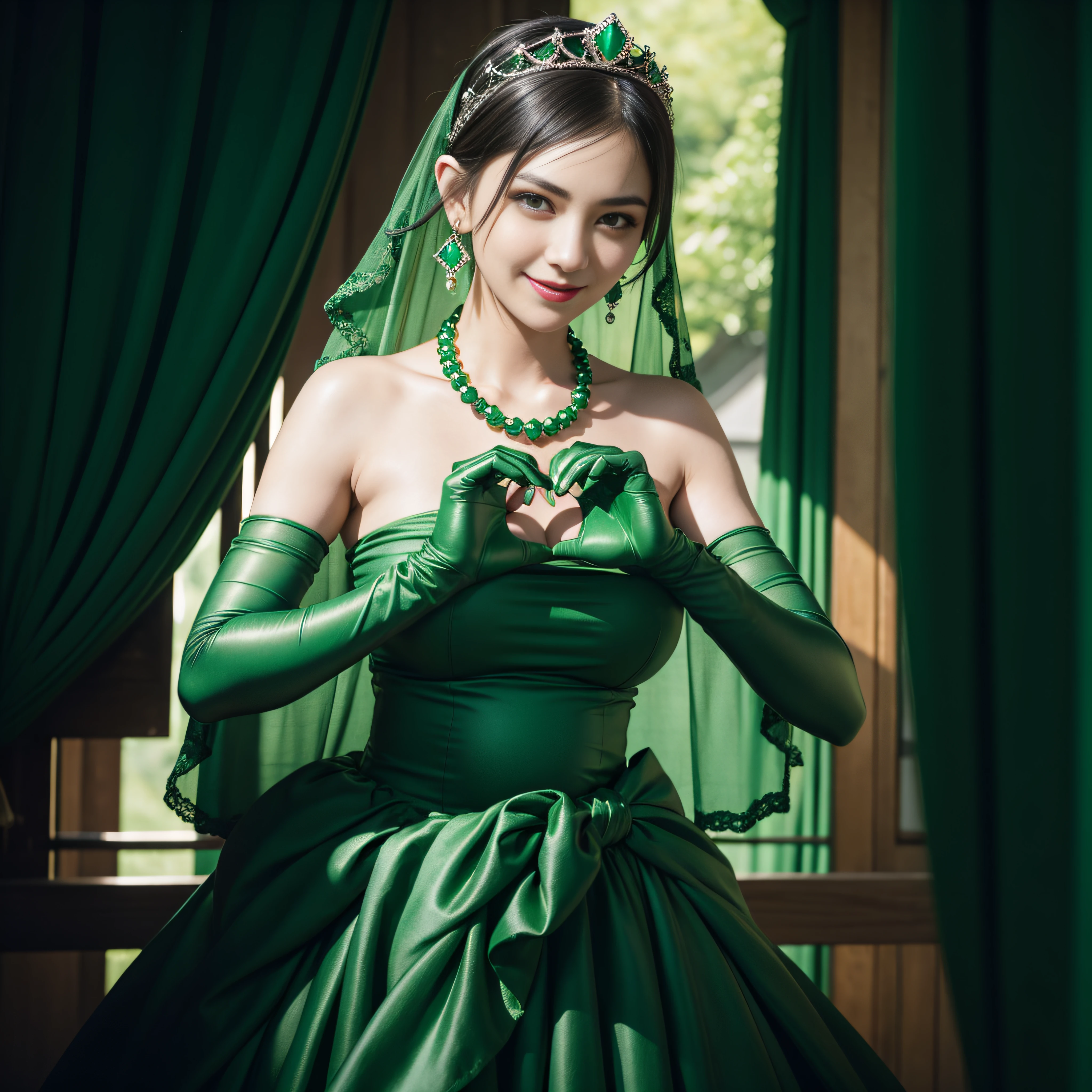 emerald tiara, Green Pearl Necklace, Boyish very short black hair, lipsticks, Japan woman smiling, very short short hair, big breasts beautiful, Green eyes, Long green gloves made of satin material, Green eyes, Emerald Earrings, green vale, Heart with both hands, pregnant woman, The tattoo, Pregnancy
