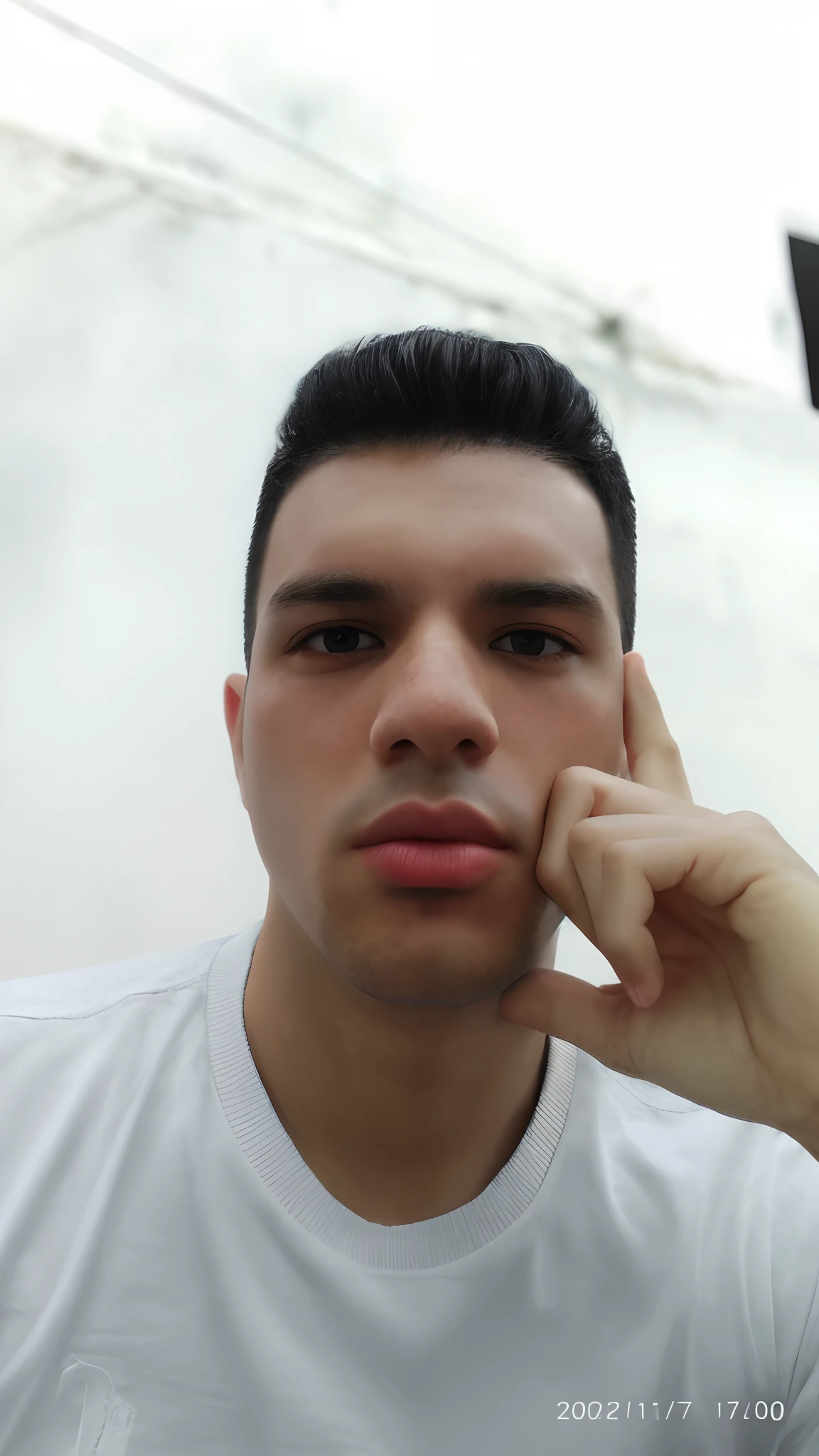 young man, 30 years old, Brazilian nationality, white Caucasian skin, male, full lower lip, dark brown eyes, short black hair, weight 60 kilos, large flat nose