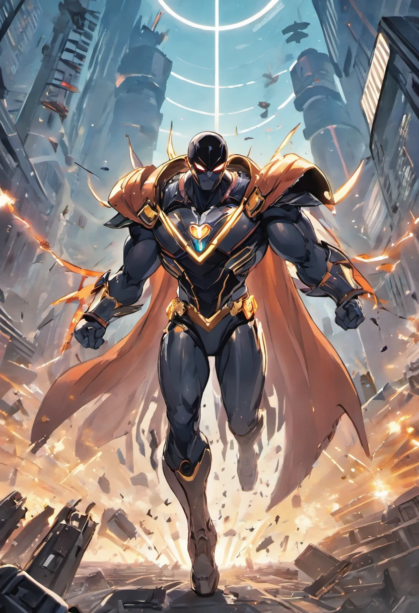 Create a mulatto superhero Brazilian hero with normal black hair, usa barba, 35 anos, mulato, olhos vermelhos estreitos, Future Black Tech Uniform Containing Carbon Fiber Texture Details and Gold Lines on the Suit's Armor, use a letra dourada e quadrada " S" like a belt buckle equipped with gadgets and hero weapons, ele tem 1,90 metros de altura, pesa 100kg e tem um visual preto escuro, Electrical rays come out of your hands, pose de luta enquanto voa, with a futuristic technological weapon on his back and in a scene of destruction with destroyed buildings and people running in the background in desperation, Show that he's full body flying in fight scene, Spaceships fill the skies in the background, Ships ready to attack the hero, Many armed enemy soldiers looming small on the horizon to surround the hero, use estilo HQ, Cartoon, criar modelo estilo Marvel e Dc Comics, desenho, 8K分辨率, a lot of whimsy in the fingers of the hands and eliminate deformities in the body in the final result,