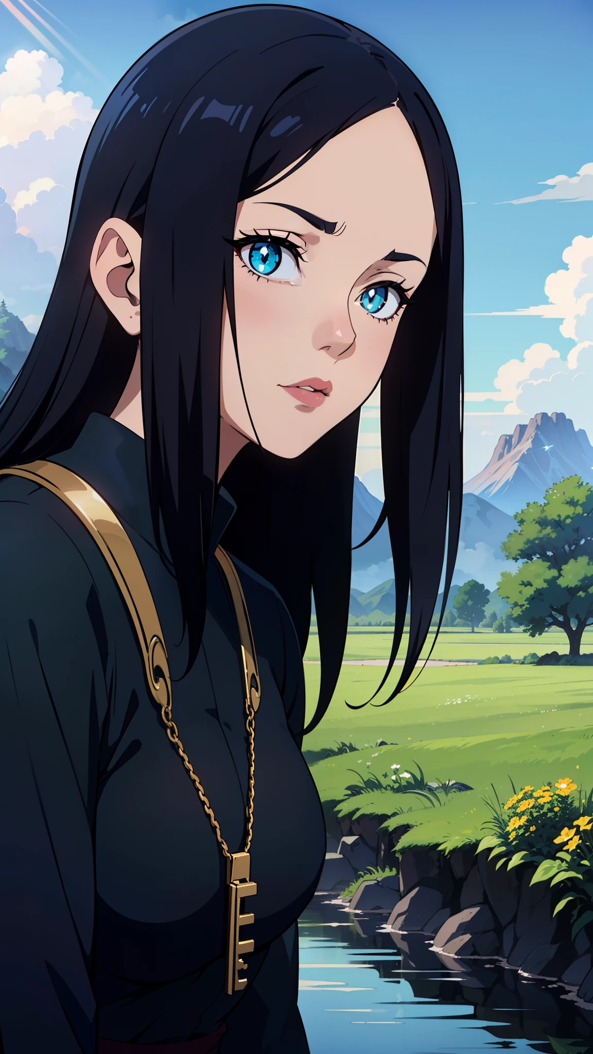 portrait of a cute goth girl,cloudy sky background,lush landscape illustration,(detailed and vivid),anime key visual,trending pixiv fanbox by wlop and greg rutkowski,studio ghibli style,(dramatic and contrasting),(fantasy and dreamlike),with (intense colors and soft hues),physical lights and shadows,(emphasizing the eyes and lips),(high-resolution and vibrant),(stylish and fashionable),(mysterious and alluring),(rich and unique),(ethereal and enchanting),long hair with unique accessories,(wearing a stylish and elaborate gothic outfit),(dark and Gothic aesthetics),(sparkling and glowing),(expressing confidence and independence),(with an air of mystery),(standing in a field of vibrant flowers),(with dramatic clouds and rays of sunlight),(lush greenery and trees),(featuring a flowing river and a distant mountain range),(creating a sense of tranquility and serenity),(capturing the beauty of the natural world),attention to intricate details,emphasizing the girl's individuality and personality,prominent gothic elements,subtle artistic touches,masterful blending of colors and textures,paying homage to both Western and Eastern art styles,influences from Japanese animation and fantasy art,combining reality and imagination in a harmonious way.