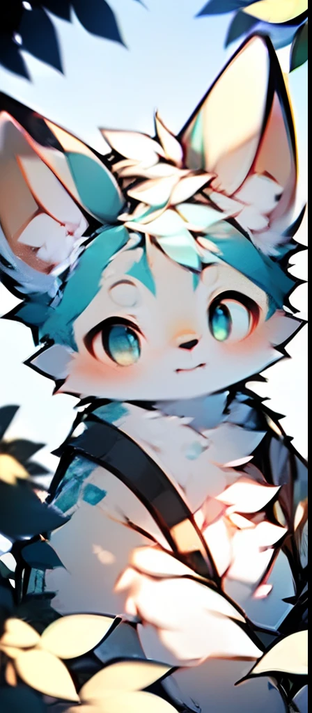 Under the trees，Sunnyday，gentleness，Libido boy，coyote，blue color eyes，White body，Overall white，The hair is light blue，ssmile，Shota，adolable，tmasterpiece，Sunny atmosphere，radiating with light，China-style，Hanfu，Mischievous