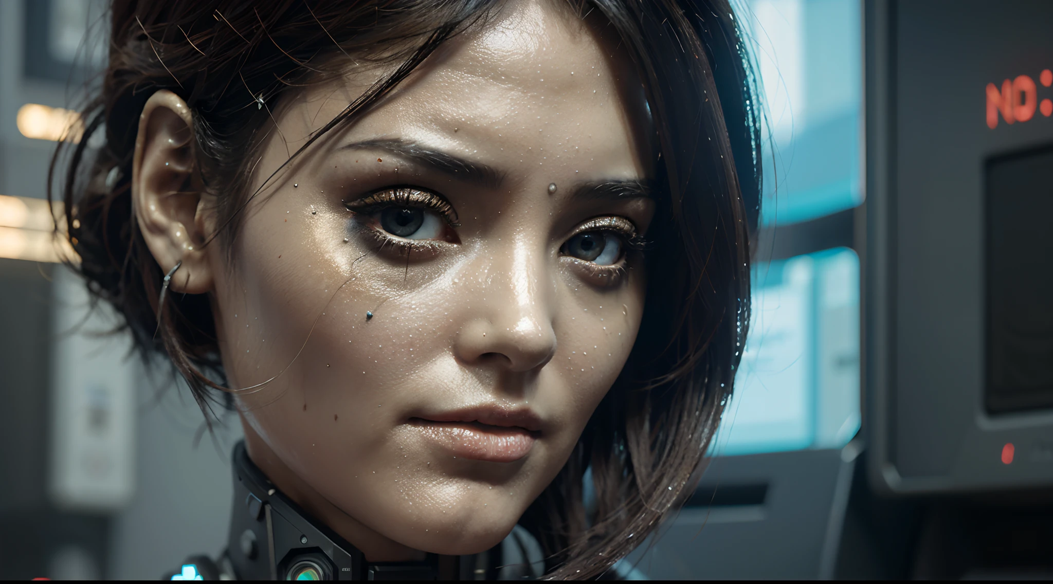Artificial woman, futuristic technology, movie scenes, 3D modeling, surrealism, cyberpunk, decaying city, computers, chatgpt, AI robot close-up --auto --s2
