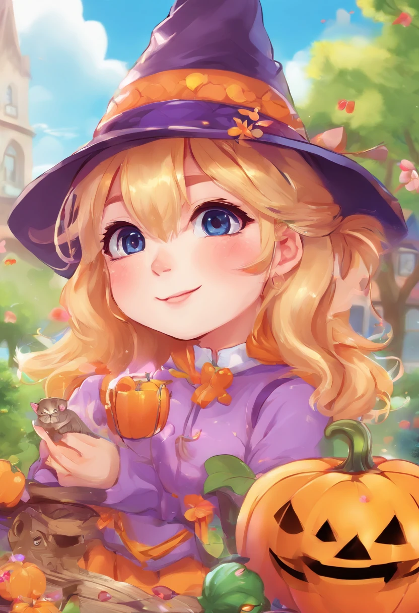 masterpiece, (1girl), big eyes, kawaii, cute, deep background, symmetrical, tilted head, halloween, halloween theme, witch, witch hat, broom, bats, spiders, black cat, pumpkins, spooky mood, purple outfit, orange outfit, detailed outfit, detailed accessories, pretty girl, pretty face, best quality, best resolution
