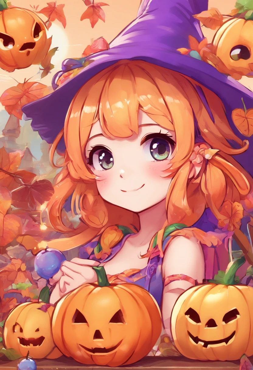 masterpiece, (1girl), big eyes, kawaii, cute, deep background, symmetrical, tilted head, halloween, halloween theme, witch, witch hat, broom, bats, spiders, black cat, pumpkins, spooky mood, purple outfit, orange outfit, detailed outfit, detailed accessories, pretty girl, pretty face, best quality, best resolution