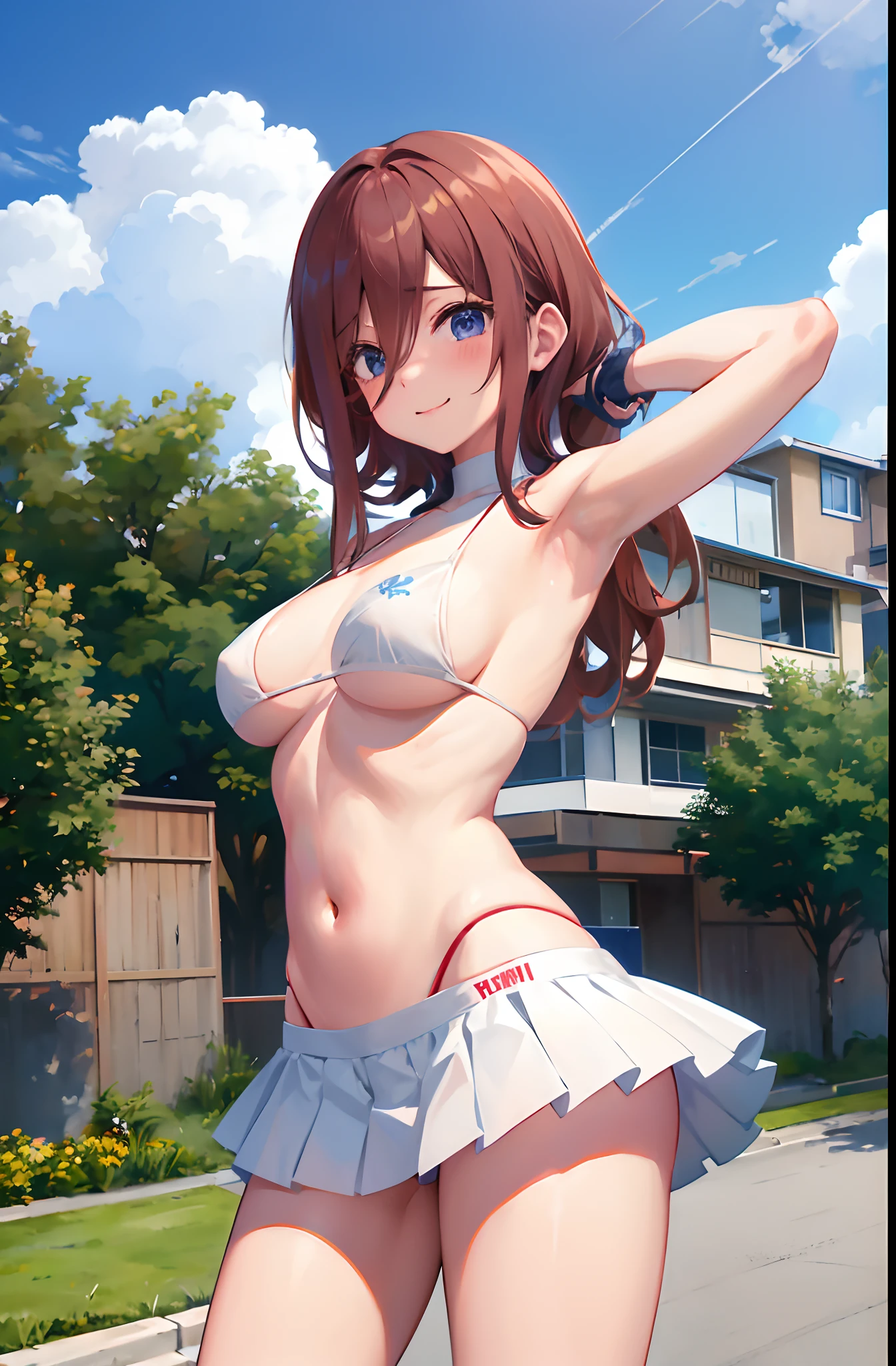 Medium tits、a navel、a miniskirt、Red Buruma、Raw feet、armpit、Beautiful thighs、is standing、outside of house、sports ground、red blush、A smile, cheerleaders、pompoms、Raising one leg、Brown hair long hair、panties, upskirt,