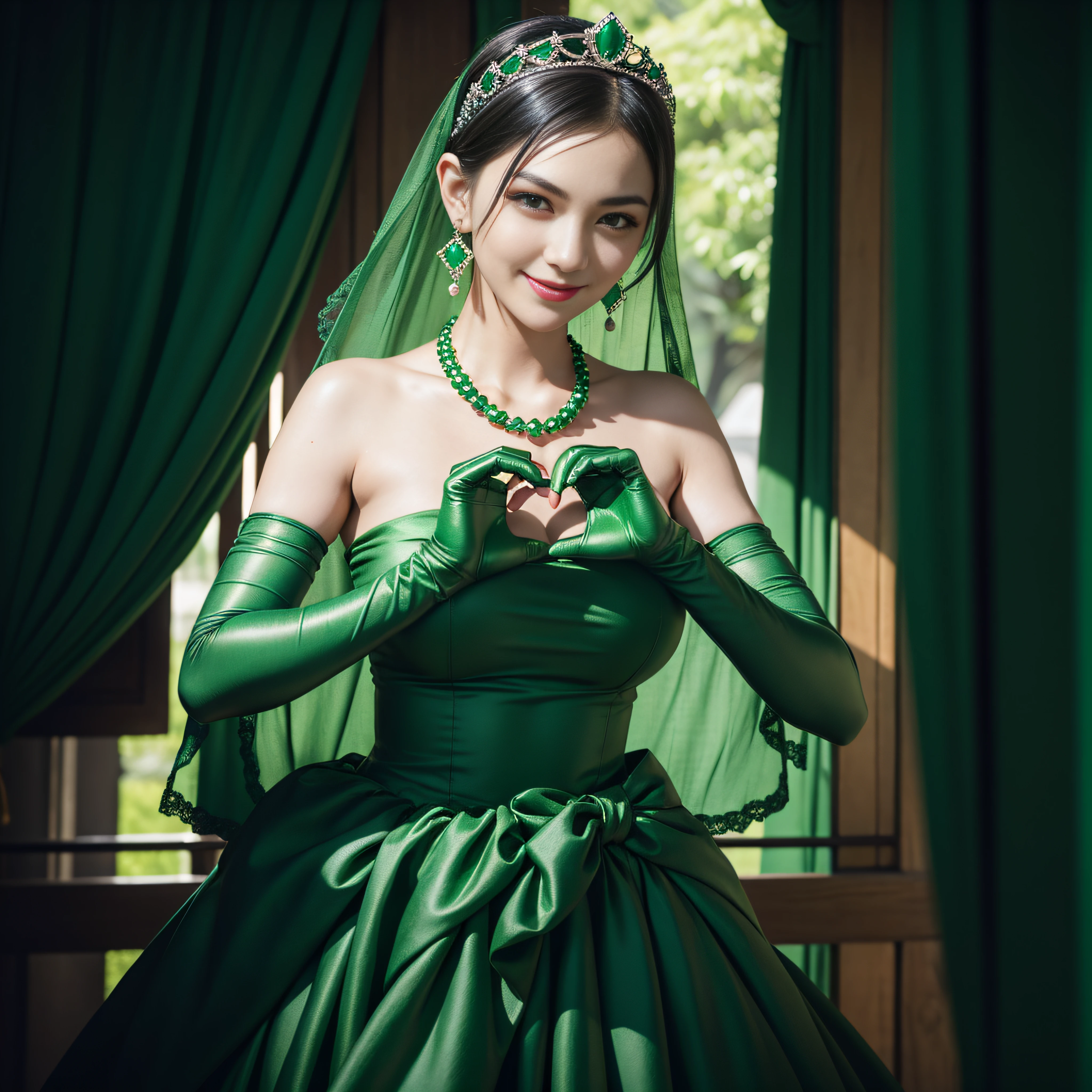 emerald tiara, Green Pearl Necklace, Boyish very short black hair, lipsticks, Japan woman smiling, very short short hair, big breasts beautiful, Green eyes, Long green gloves made of satin material, Green eyes, Emerald Earrings, green vale, Heart with both hands, A dark-haired