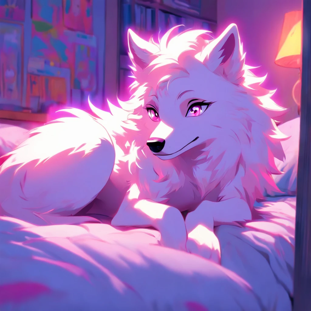 An anthropomorphic furry white female wolf, humanoid, cute snout, long white hair, white fluffy body, white wolf tail, white wolf ears, purple eyes, big breast, totally naked, having sex, digitigrade feet, 4 toes, full body shot, in a bedroom