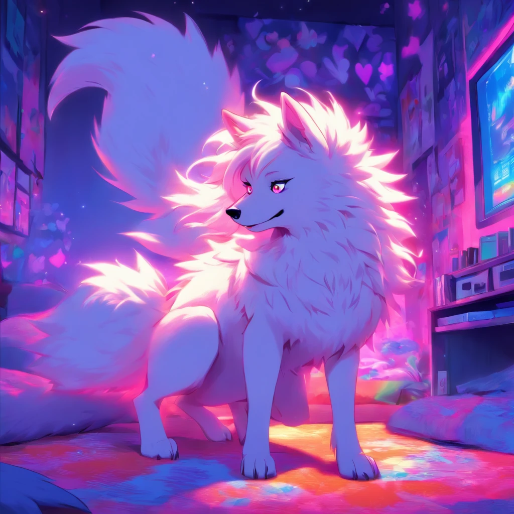 An anthropomorphic furry white female wolf, humanoid, cute snout, long white hair, white fluffy body, white wolf tail, white wolf ears, purple eyes, wearing black lingerie, digitigrade feet, 4 toes, full body shot, in a bedroom