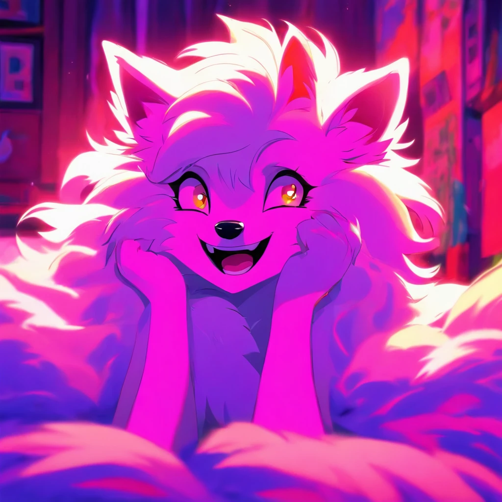 An anthropomorphic furry white female wolf, humanoid, cute snout, long white hair, white fluffy body, white wolf tail, white wolf ears, purple eyes, wearing black lingerie, digitigrade feet, 4 toes, full body shot, in a bedroom, standing,