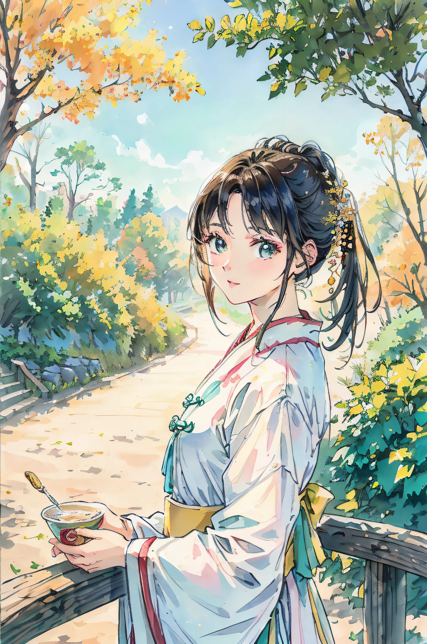 (highest resolution, distinct_image) The best quality, a woman, masterpiece, highly detailed, semi realistic, 21 years old, cute, young, beautiful, hanbok, outdoors, park, trees, sunny day
