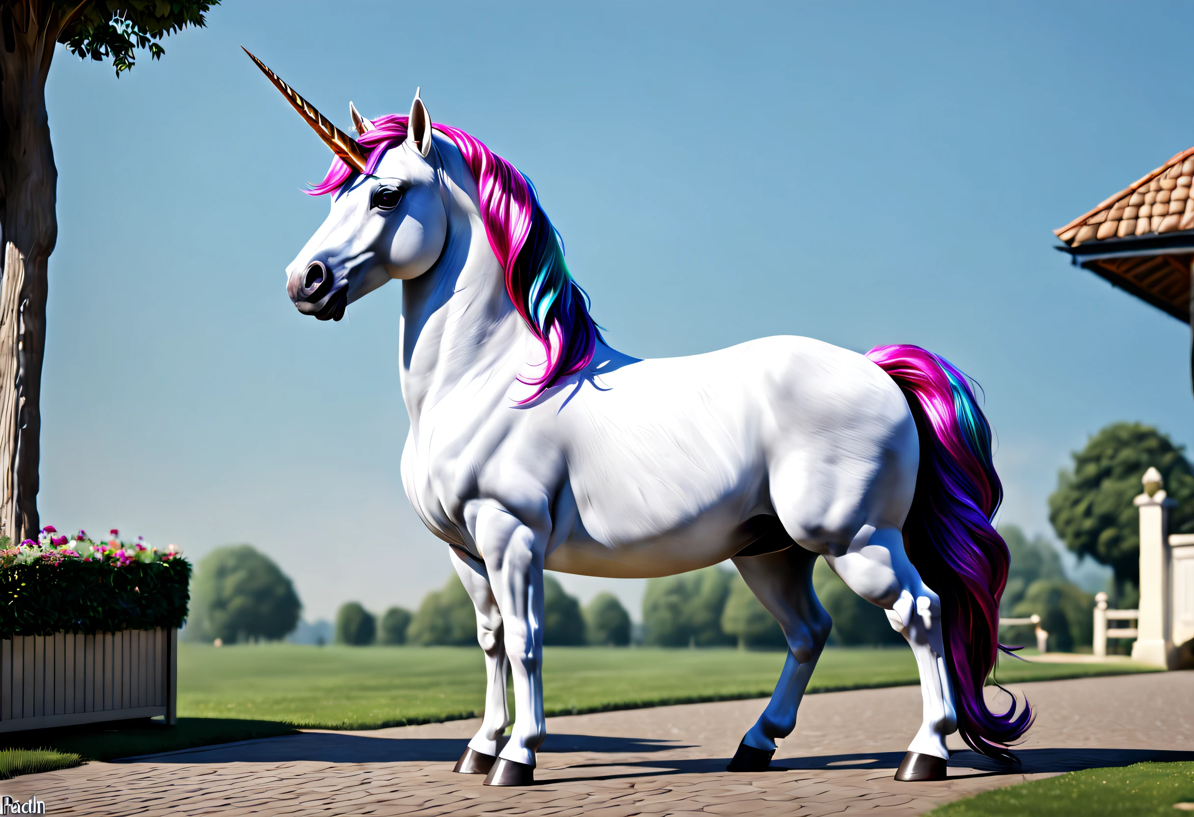 (best quality,4k,8k,highres,masterpiece:1.2),ultra-detailed,(realistic,photorealistic,photo-realistic:1.37),a stunning unicorn steed, trendy bright haircut, proud, full body