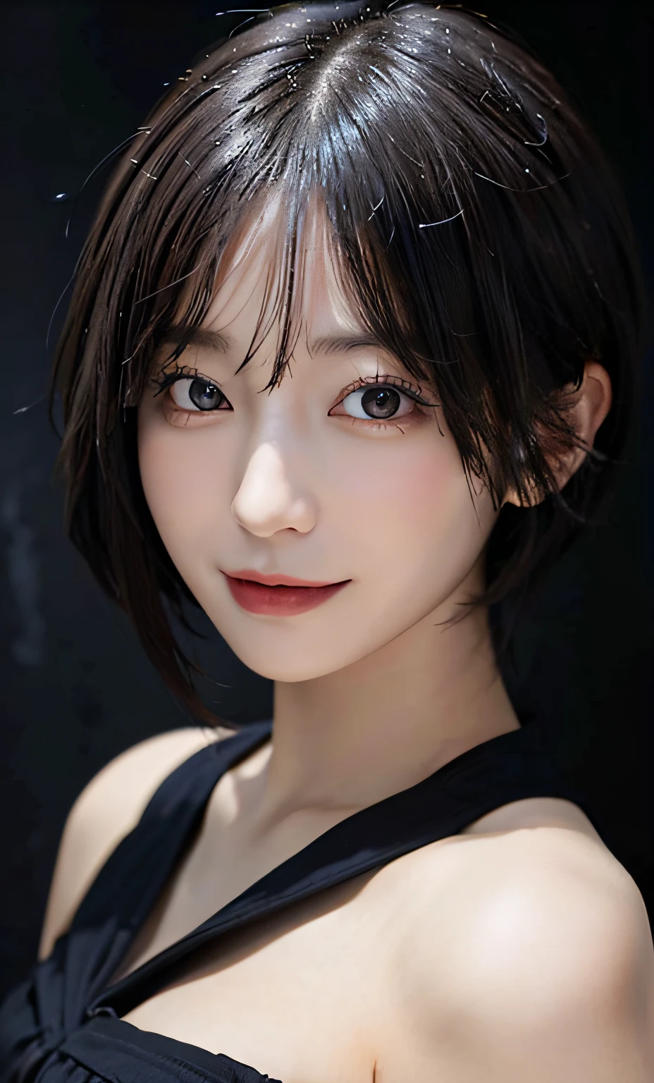 (Raw photography:1.2)、top-quality、a beautiful detailed girl、Black Gothic Dress、Villain's smile、short-haired、extremely detailed eye and face、beatiful detailed eyes、hight resolution、8k wallpaper、finely detail、Highly detailed ticker uniform 8K wallpaper、Light on the Face、电影灯光、18 year old girl、sexy pose、(photorealisim:1.4)、illustratio、super detailing
