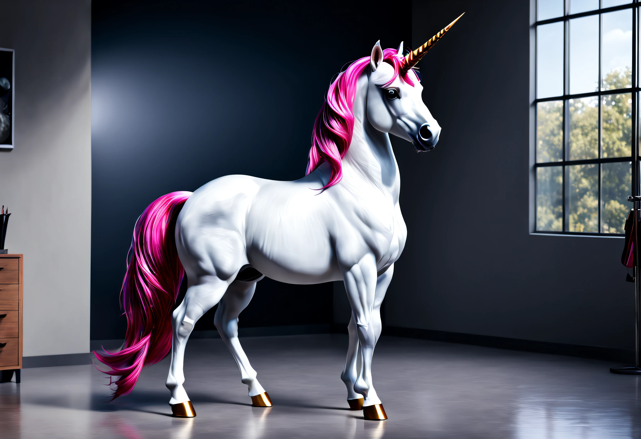 (best quality,4k,8k,highres,masterpiece:1.2),ultra-detailed,(realistic,photorealistic,photo-realistic:1.37),a stunning unicorn steed, trendy bright haircut, proud, full body