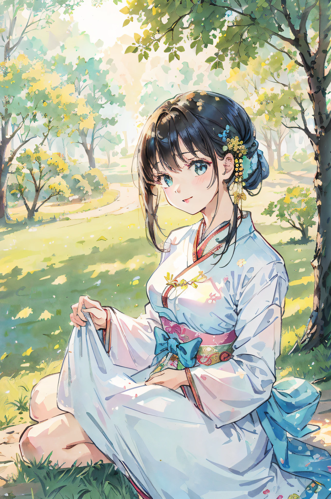 (highest resolution, distinct_image) The best quality, a woman, masterpiece, highly detailed, semi realistic, 21 years old, cute, young, beautiful, hanbok, outdoors, park, trees, sunny day