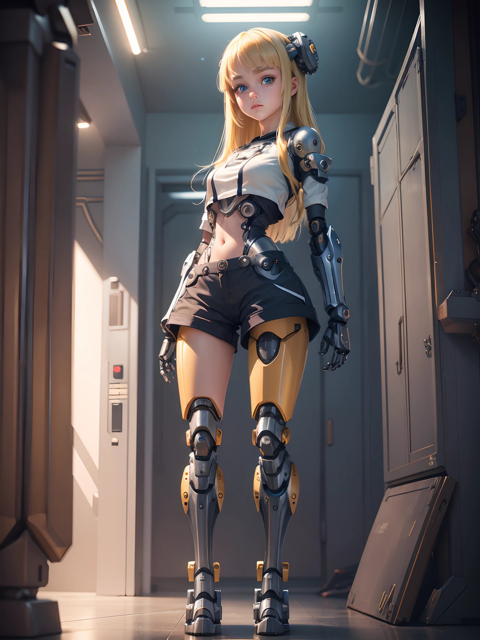 Young girl, blonde, blue eyes, ((mechanical arms)),(((mechanical legs))), shorts, standing