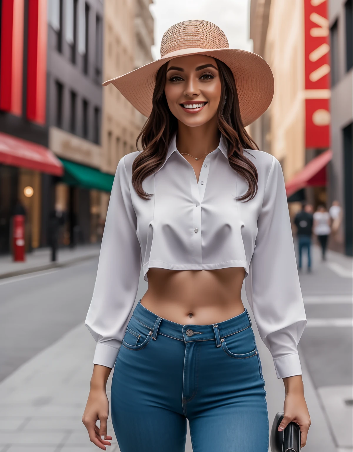 woman wearing a hat, trendy midriff shirt, smiling at viewer, in the city, 4k, 8k, amazing quality, best quality, masterpiece, photorealistic, sharp focus, UHD, ultra-hd, high resolution