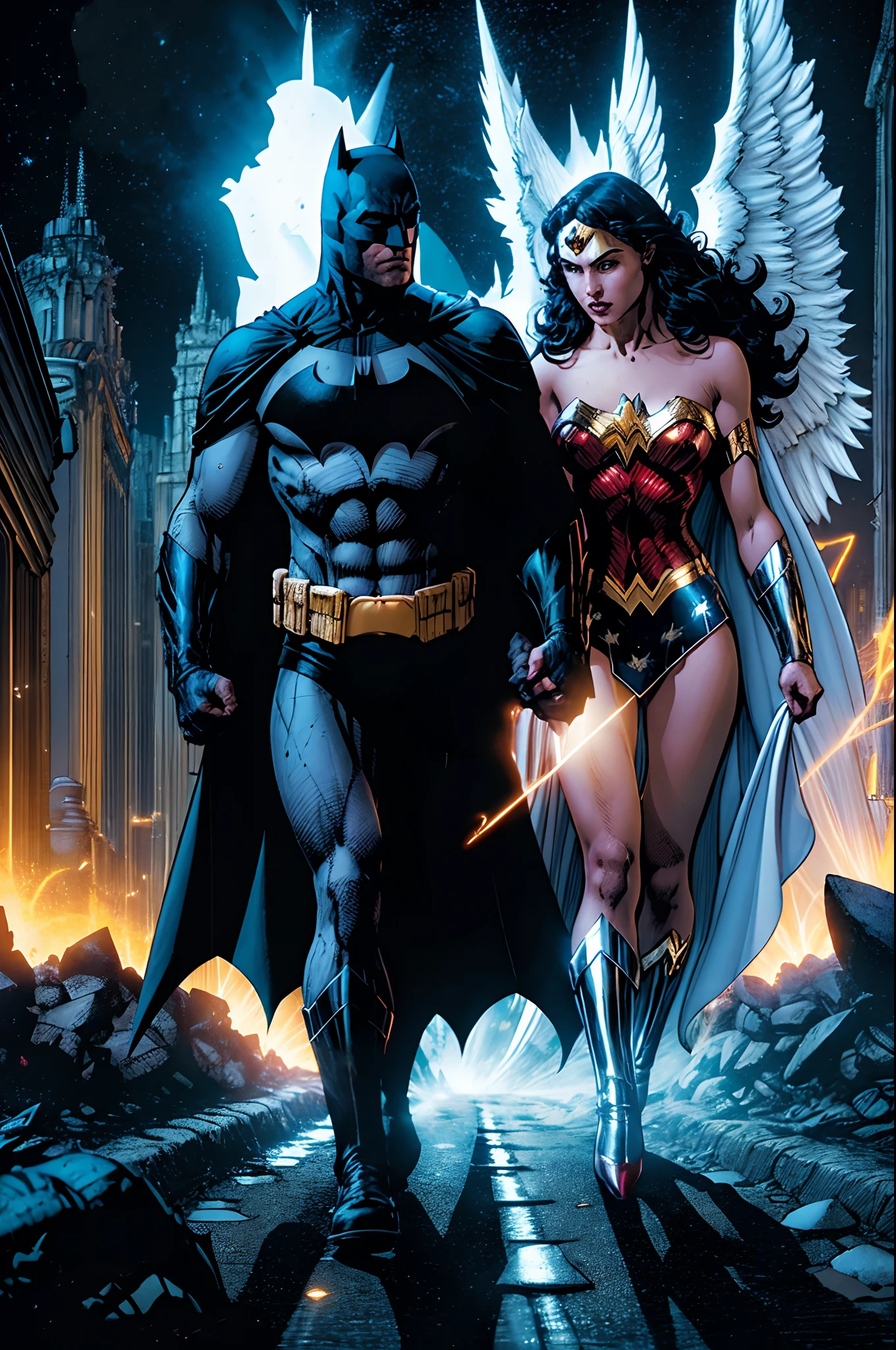 Batman esta no Inferno, Inferno de Dante, and tries to get out of the red lavas around him with the strength of the Angels of heaven who emit white light to dry the fiery lavas on the ground so he can walk and come out of the depths of darkness, Blue and white neon lights are seen on the ground and bridge the gap between hell and Earth, at the end of his walk, Batman sees Gotha city illuminated in white light, He meets the Wonder Woman who illuminated by the angels in white and yellow, embraces him, Going beyond the gates of hell Batman also envontrs his smigo THE FLASH.