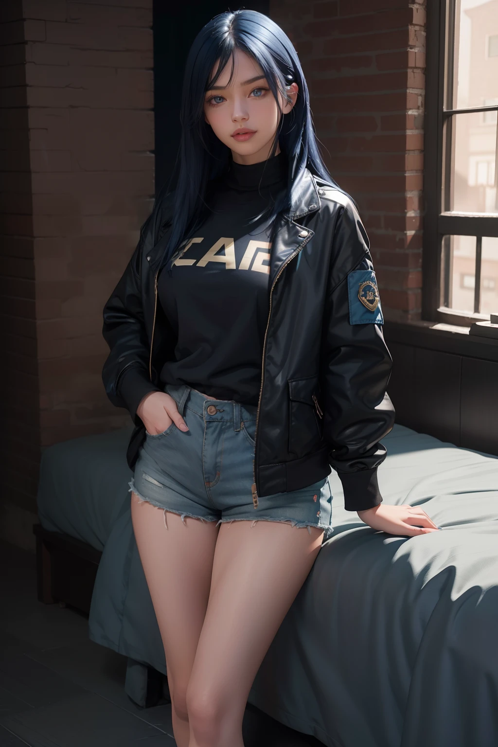 1girl, solo, a most beautiful woman with long dark blue hair, (dark blue hair), (blue glowing eyes), Wearing black jacket and mini shorts, Posing for photos in front of a brick wall, pops of color, trending on pinterest, Tumblr, 3d, character design, dynamic, gorgeous, cute face, femme fatale, sensual, niji expressive style, 2d render, 4k, highly detailed, cute cool, charismatic smiling expression, photoshoot , accurate hands, realistic hands, simple bedroom background, Not looking at the camera
