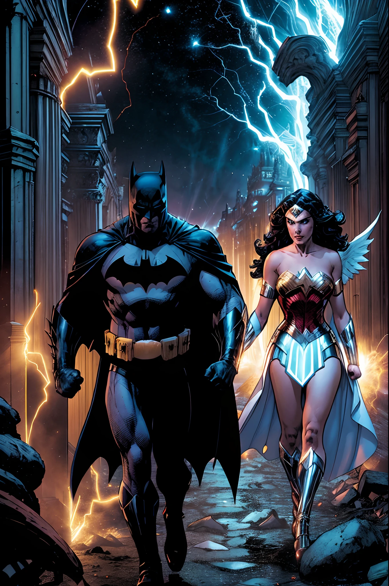 Batman esta no Inferno, Inferno de Dante, and tries to get out of the red lavas around him with the strength of the Angels of heaven who emit white light to dry the fiery lavas on the ground so he can walk and come out of the depths of darkness, Blue and white neon lights are seen on the ground and bridge the gap between hell and Earth, at the end of his walk, Batman sees Gotha city illuminated in white light, He meets the Catwoman who, illuminated by the angels in white, embraces him.