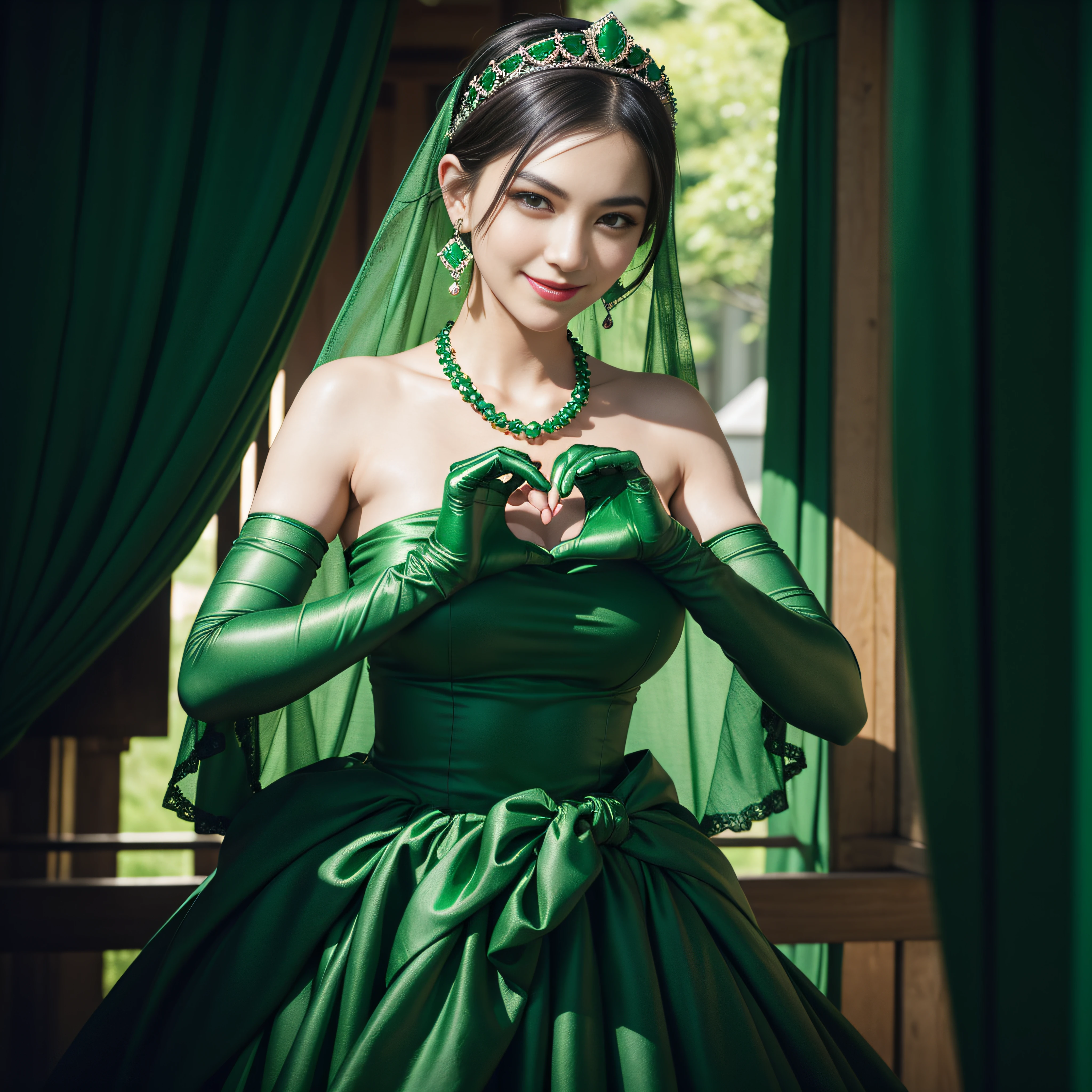 emerald tiara, Green Pearl Necklace, Boyish very short black hair, lipsticks, Japan woman smiling, very short short hair, big breasts beautiful, Green eyes, Long green gloves made of satin material, Green eyes, Emerald Earrings, green vale, Heart with both hands, A dark-haired