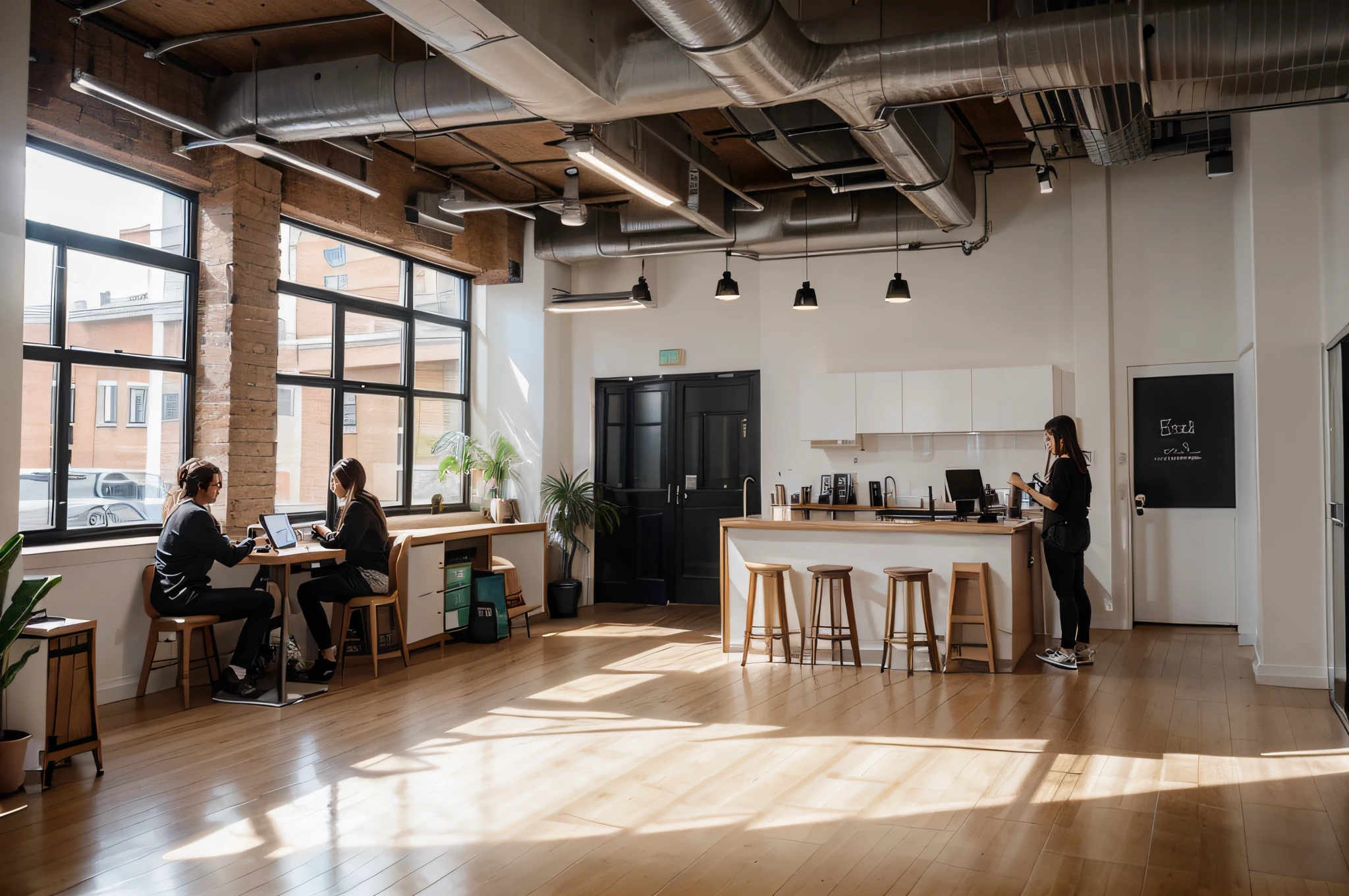(Image: A trendy co-working space with people making mobile payments), Co-working environment, Minimalistic Daylight