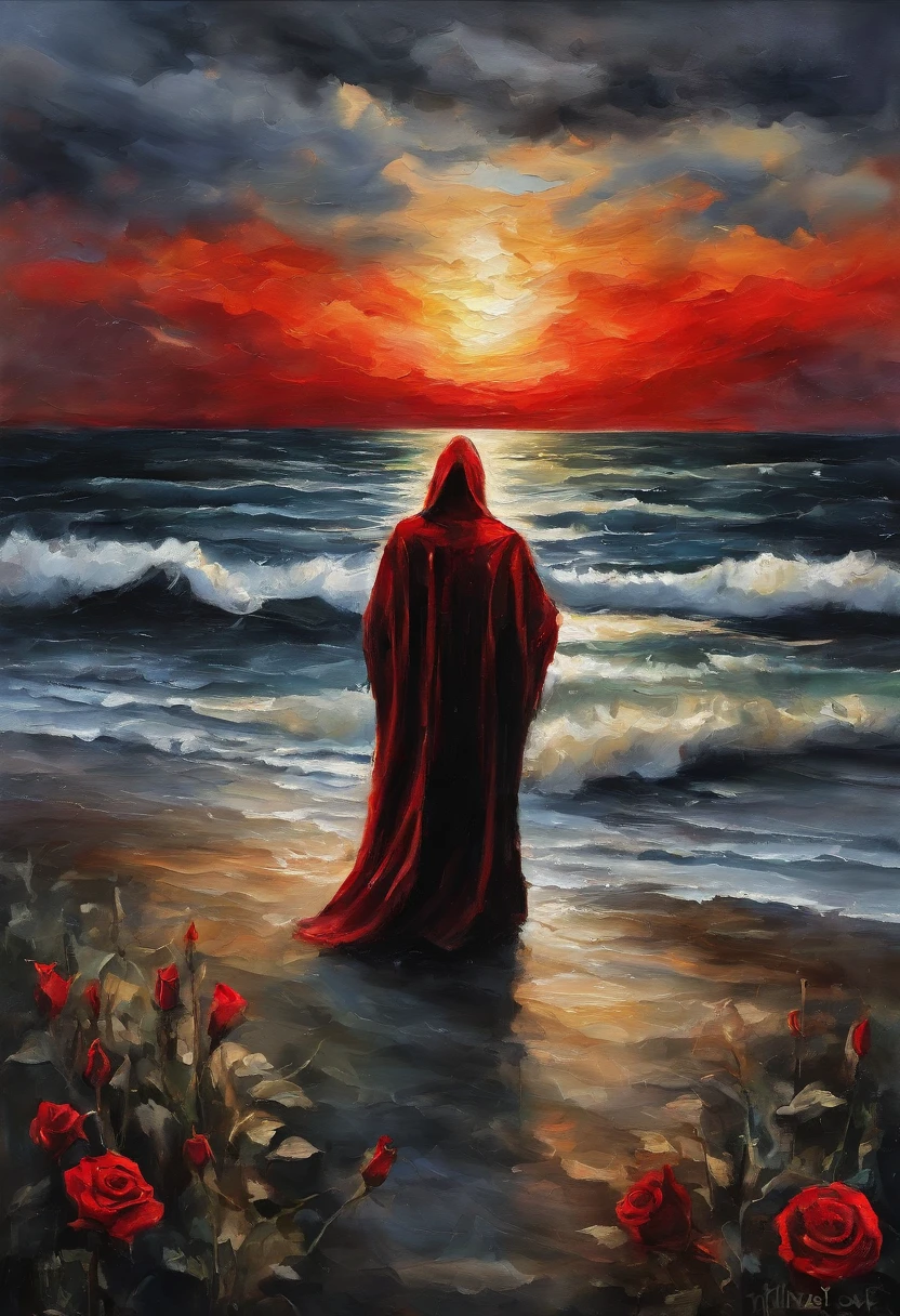 robed figure, skeleton, mystical, dark, black robe, blood red rose, strong contrast, darkness, bright rays of light behind, the sea in the background, watercolor effect, lwatercolor, painting, masterpiece, best quality, ultra-detailed, intricate details, depth of fie