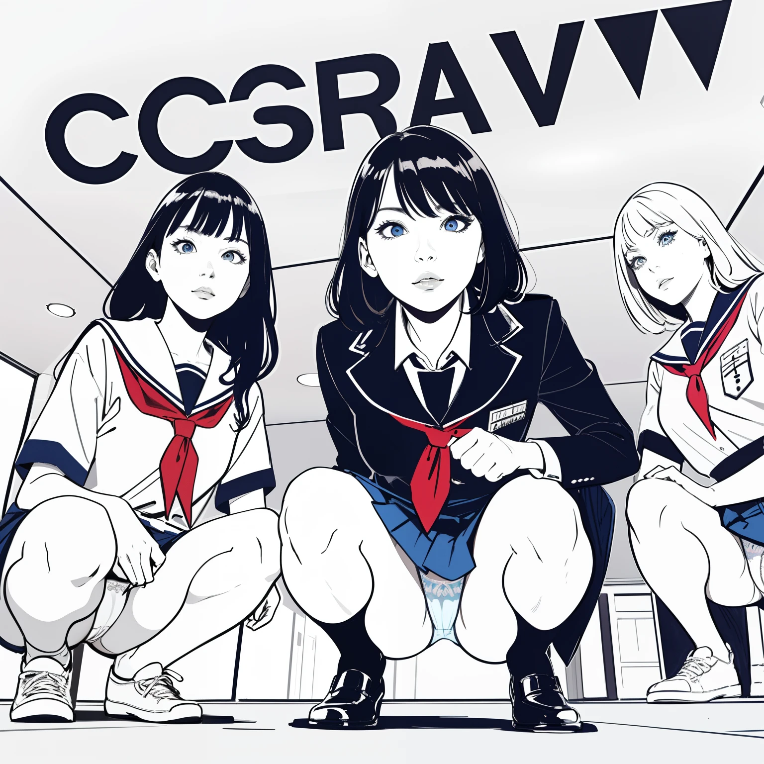 (superflat, flat shading, flat colors), masterpiece, best quality, (pov), (view from below:1.2), low angle, 3girls, blue eyes, school uniform, (panties), serious, around, squatting, posing, colorful, watercolor