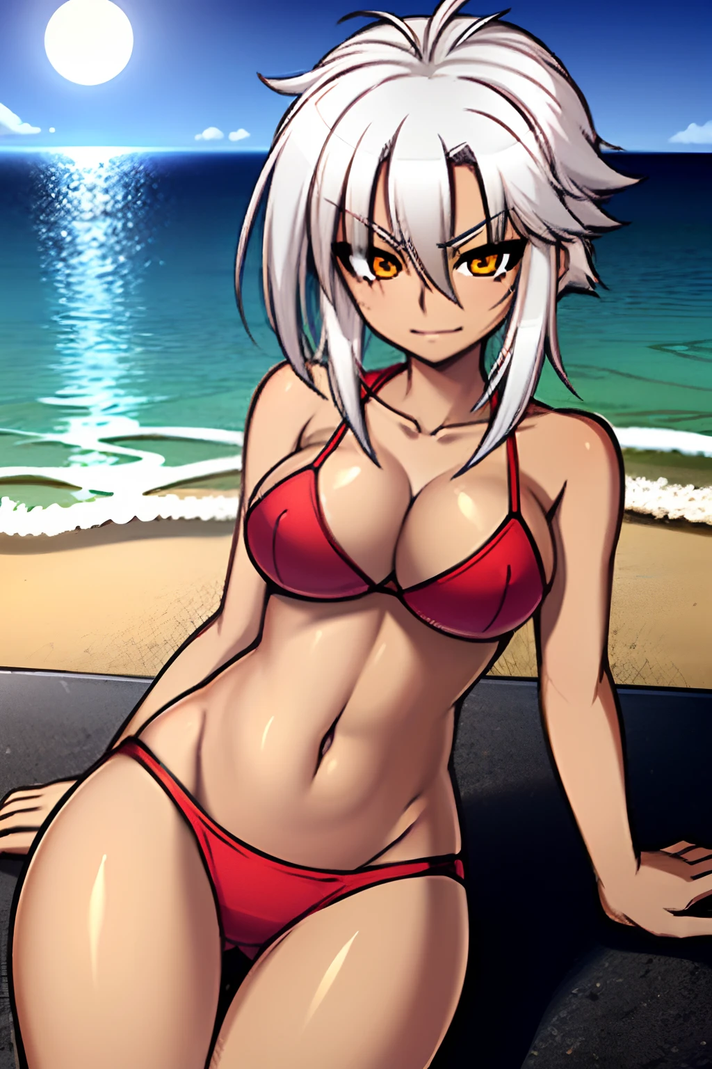 anime, com pele negra, In a red bikini on the beach with a full moon in the background, menina sedutora, divindade de cabelos brancos, kantai collection style, cabelos brancos, mulher bonita sedutora do anime, cabelos brancos, Konpeki no Kantai, Arte Oficial , na praia, Loli , Estil pista Azur, menina perfeita elos brancos, Encalhado, Personagens de Azur Lane