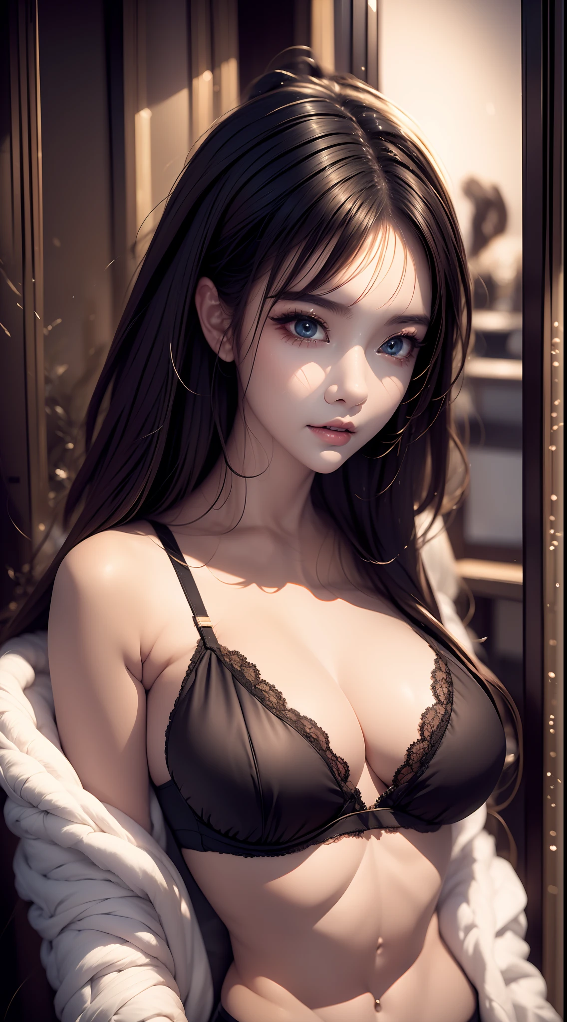 (Masterpiece), (Best quality), Highly detailed, hdr, 1girll, solofocus, skin indentation,Lace bra,lace panty, Perfect face, Puffy face, Beautiful face, Big eyes, Puffy eyes, Perfect eyes, eyeslashes,Big breasts Hatsune Miku,extremelydetailedface,